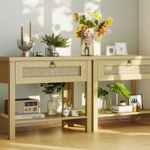 Nightstand Set 2 with Drawers - Large Rattan Bedside Table with Golden Handle, 1 Drawers Night Stand Tall End Table 27.5" Wide Side Table Boho Nightstand for Bedroom