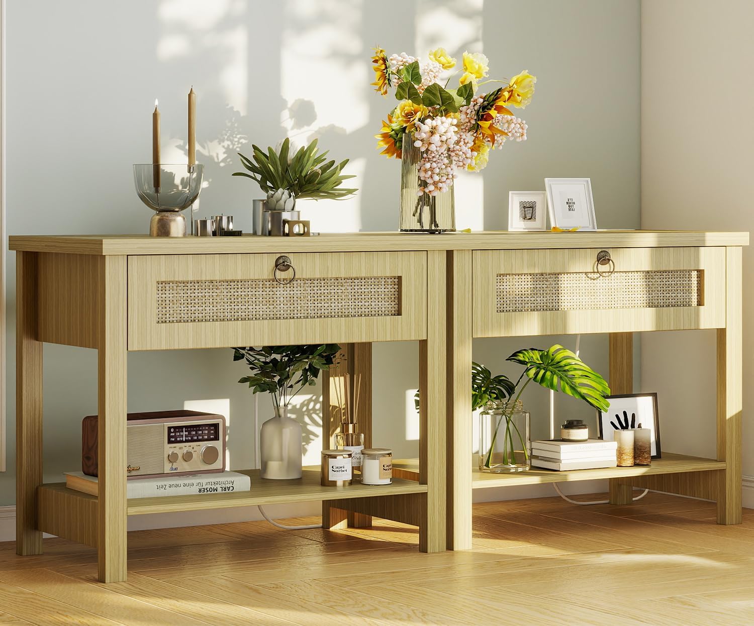 Nightstand Set 2 with Drawers – Large Rattan Bedside Table with Golden Handle, 1 Drawers Night Stand Tall End Table 27.5″ Wide Side Table Boho Nightstand for Bedroom