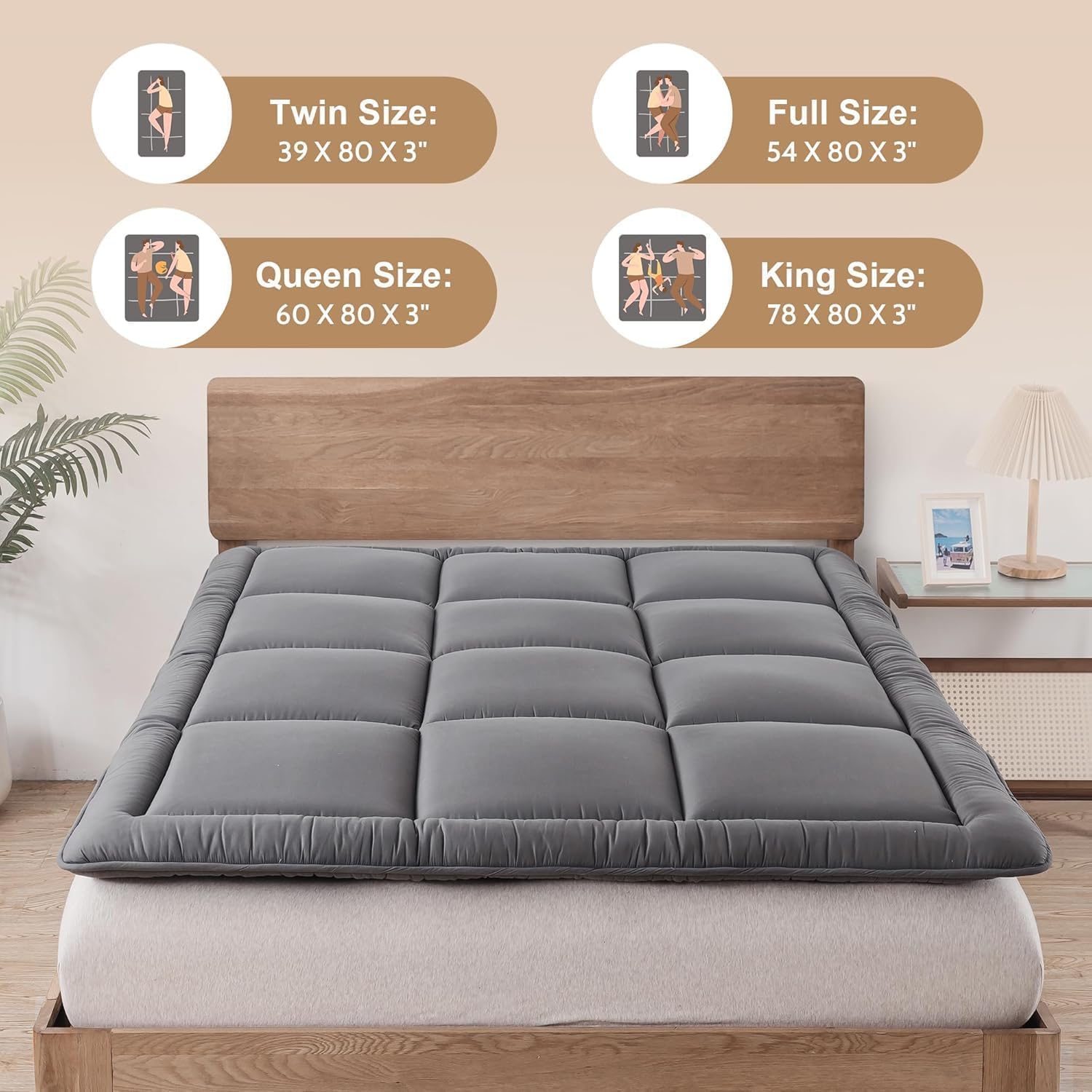 WhatsBedding Japanese Floor Mattress Futon Mattress 3" Grey Tatami Mat Shredded Memory Foam Filled Sleeping Pad, Foldable & Portable Roll Up Lounger Camping Bed,60"x 80" Queen Size - Image 6