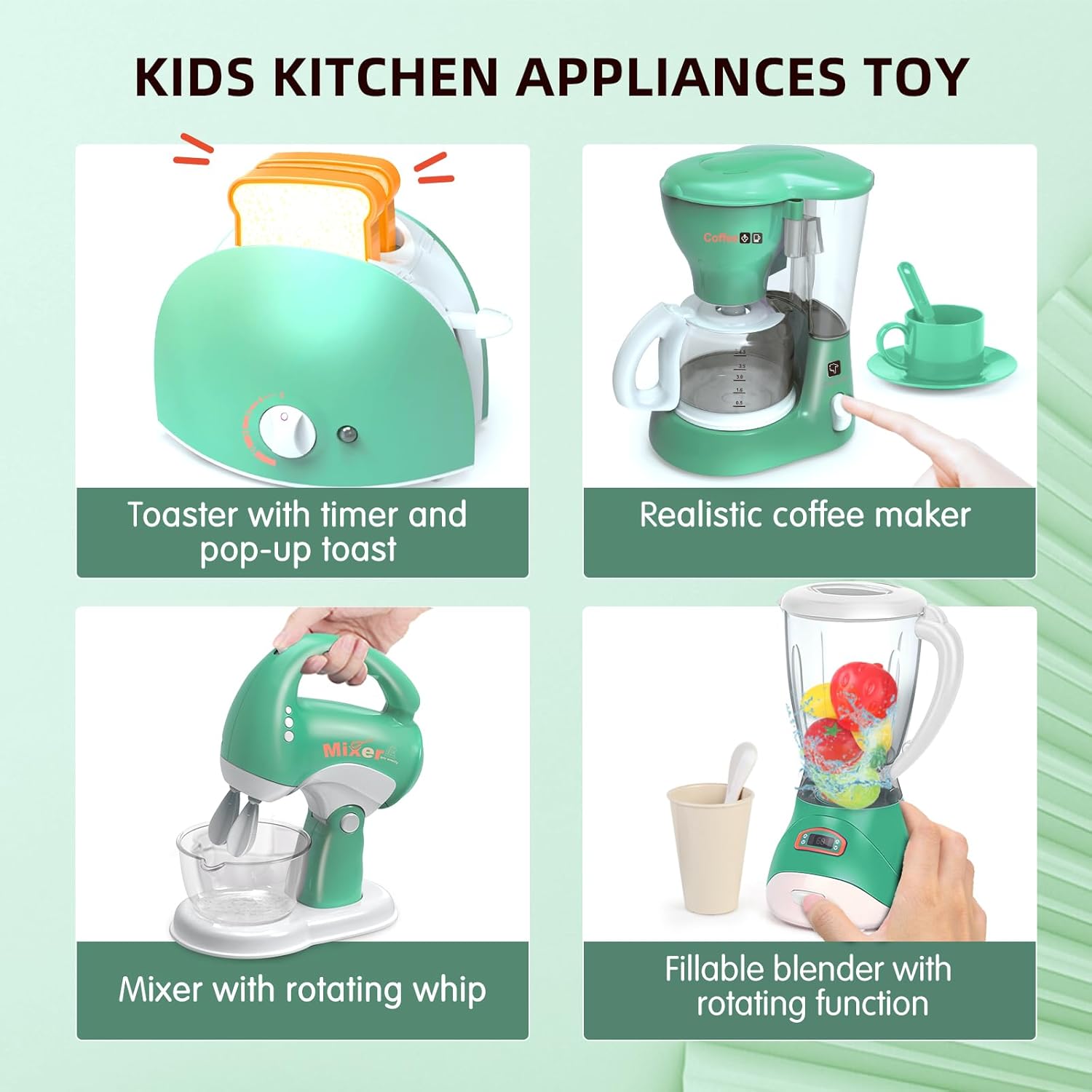 Play Kitchen Toys, Pretend Play Kitchen Appliances Toy Set with Coffee Maker, Mixer, Toaster with Realistic Lights& Sounds, Birthday Gift for Kids Ages 3-5 4-6 6-8 (Green) - Image 9