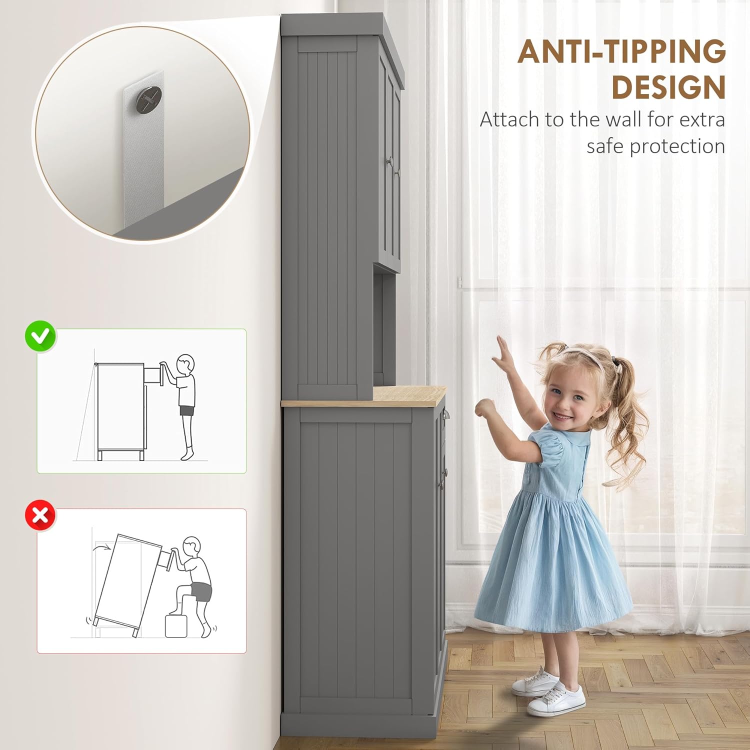 HOMCOM 71" Buffet with Hutch, Modern Farmhouse Kitchen Pantry Storage Cabinet with Microwave Oven Countertop, Drawer, Gray - Image 7