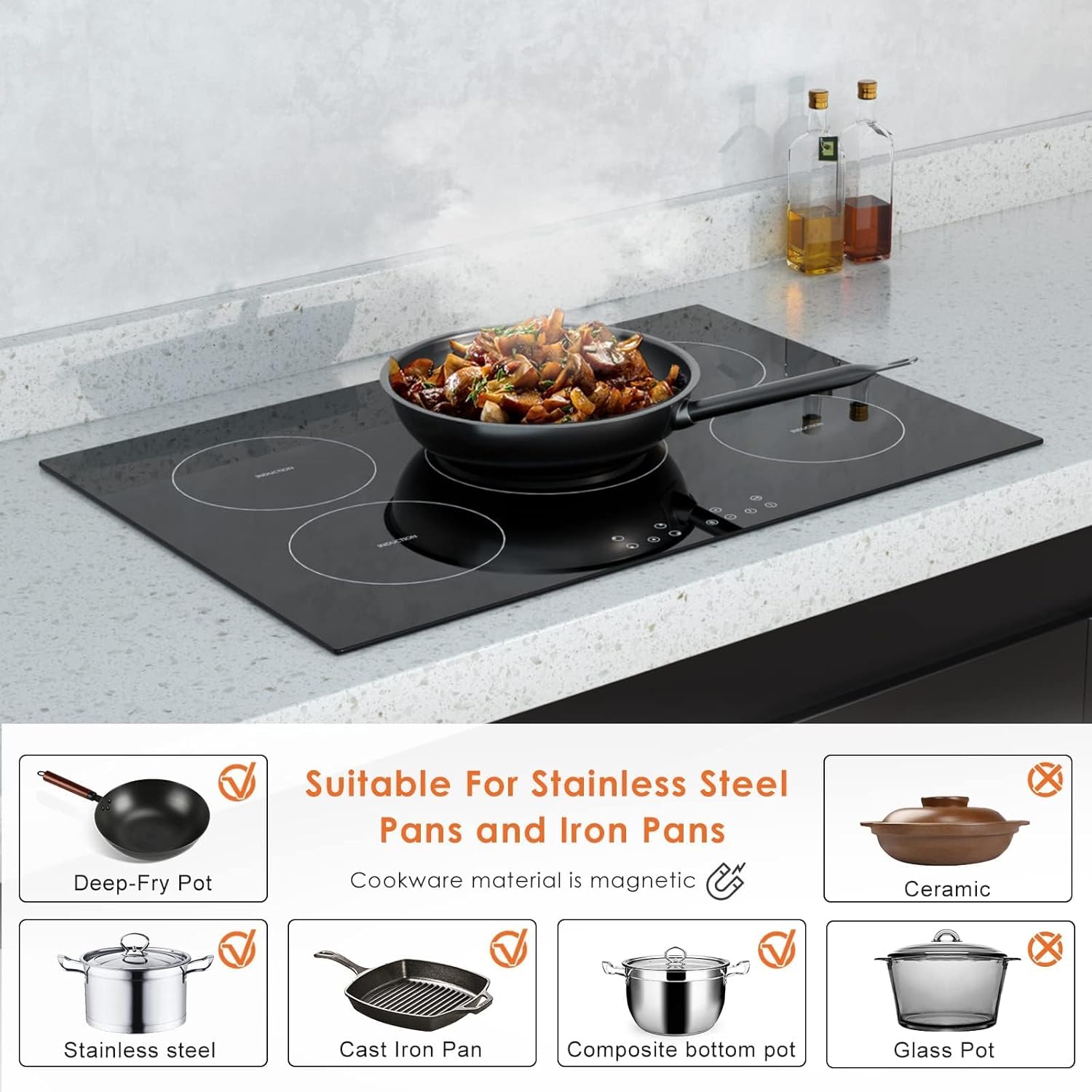 Davivy 5 Burners 30 Inch Induction Cooktop, 5 Burner Built-in Induction Stove Top, 9 Heating Level, Child Safety Lock, Sensor Touch Control, Timer, 220~240V, 9300W - Image 6