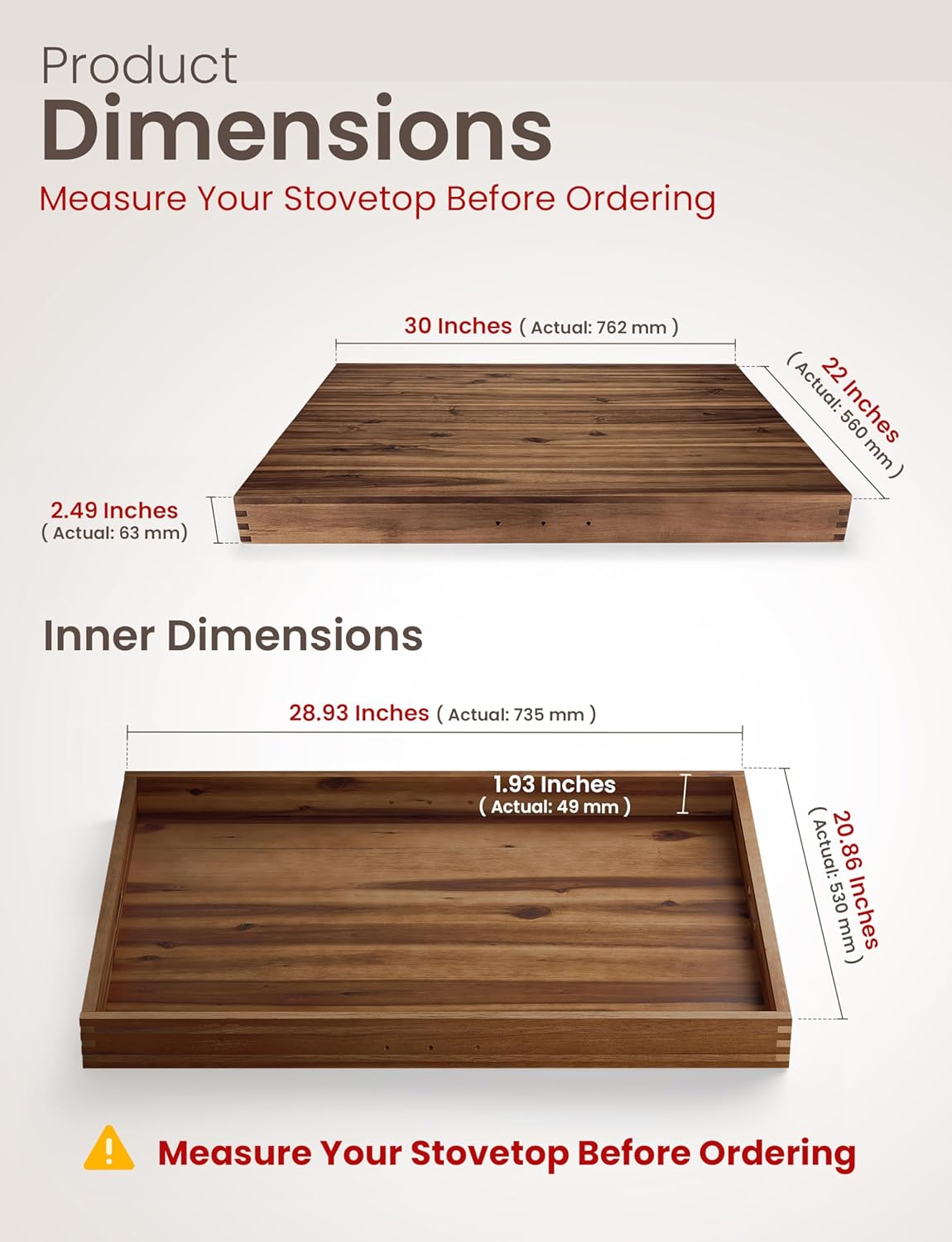 Stove Top Covers for Electric Stove 30”x22” (Outer) / 28.9”x20.8” (Inner) - Acacia Wood Noodle Board Gas Stovetop - Stove Top Covers for Gas Burners - Sink Cover For Counter Space (Walnut, X-Large) - Image 2