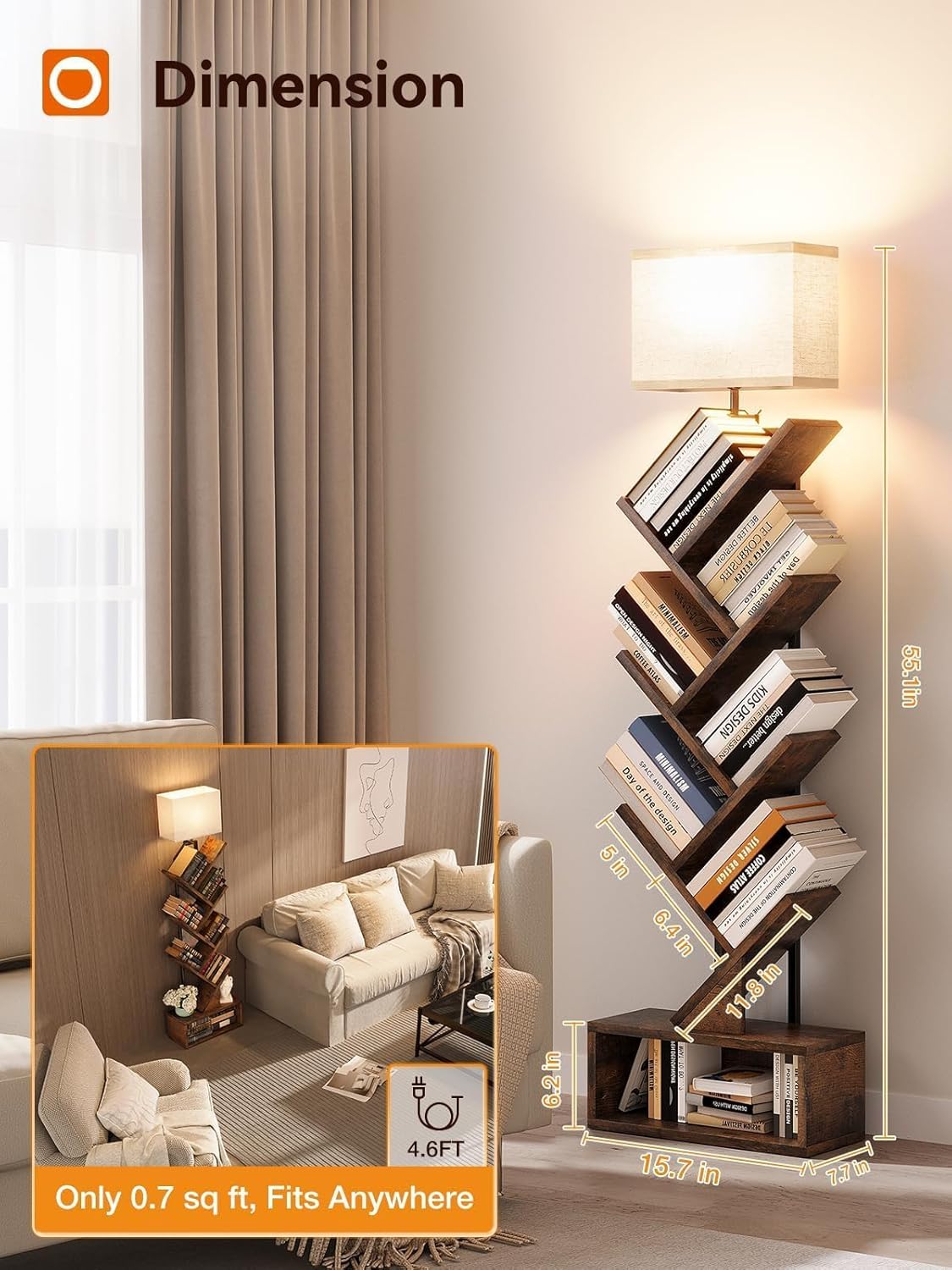 addlon 6-Tier Tree Book Shelf with LED Light, Steel&Wood Bookshelf with Storage Cabinet, Narrow Tall Bookcase with 3CCT Bulb, Small Bookshelf for Bedroom, Home Office&Living Room-Rustic Brown - Image 7