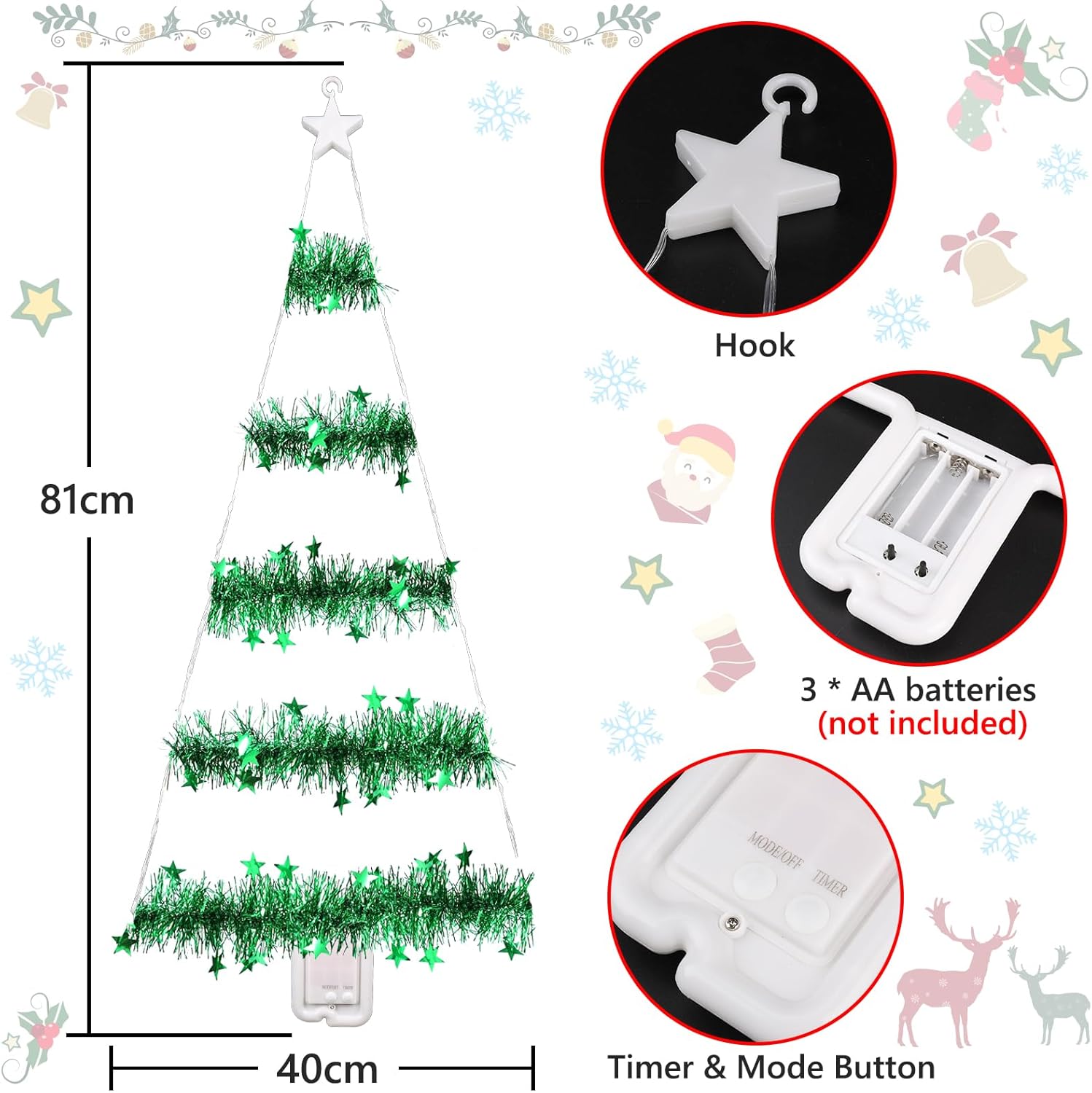 Toodour Christmas Decorations Indoor Lights, 2.65ft LED Christmas Lights, Red & Green Wall Window Hanging Light, Battery Operated Holiday Decoration for Outdoor Garden New Year Home Decor - Image 7