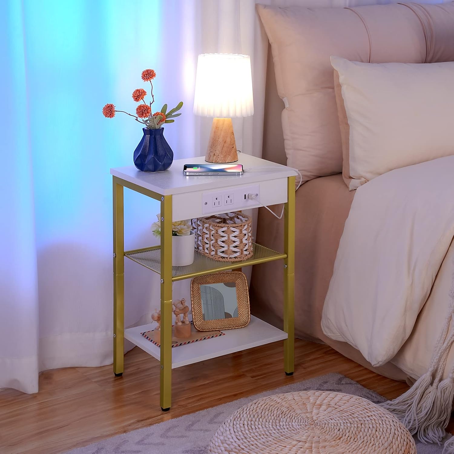 HOOBRO End Tables Set of 2 with Charging Station and USB Ports, 3-Tier Nightstands with Adjustable Shelves, Small Side Tables for Small Space in Living Room, Bedroom, White and Gold DW112BZP201G1 - Image 9