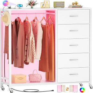 Cyclysio Dresser with Hanging Rack, 5 Fabric Drawers Dresser with Clothes Rack, Wooden Top Storage Chest of Drawers with Charging Station & LED Lights, Lockable Wheels, Closet