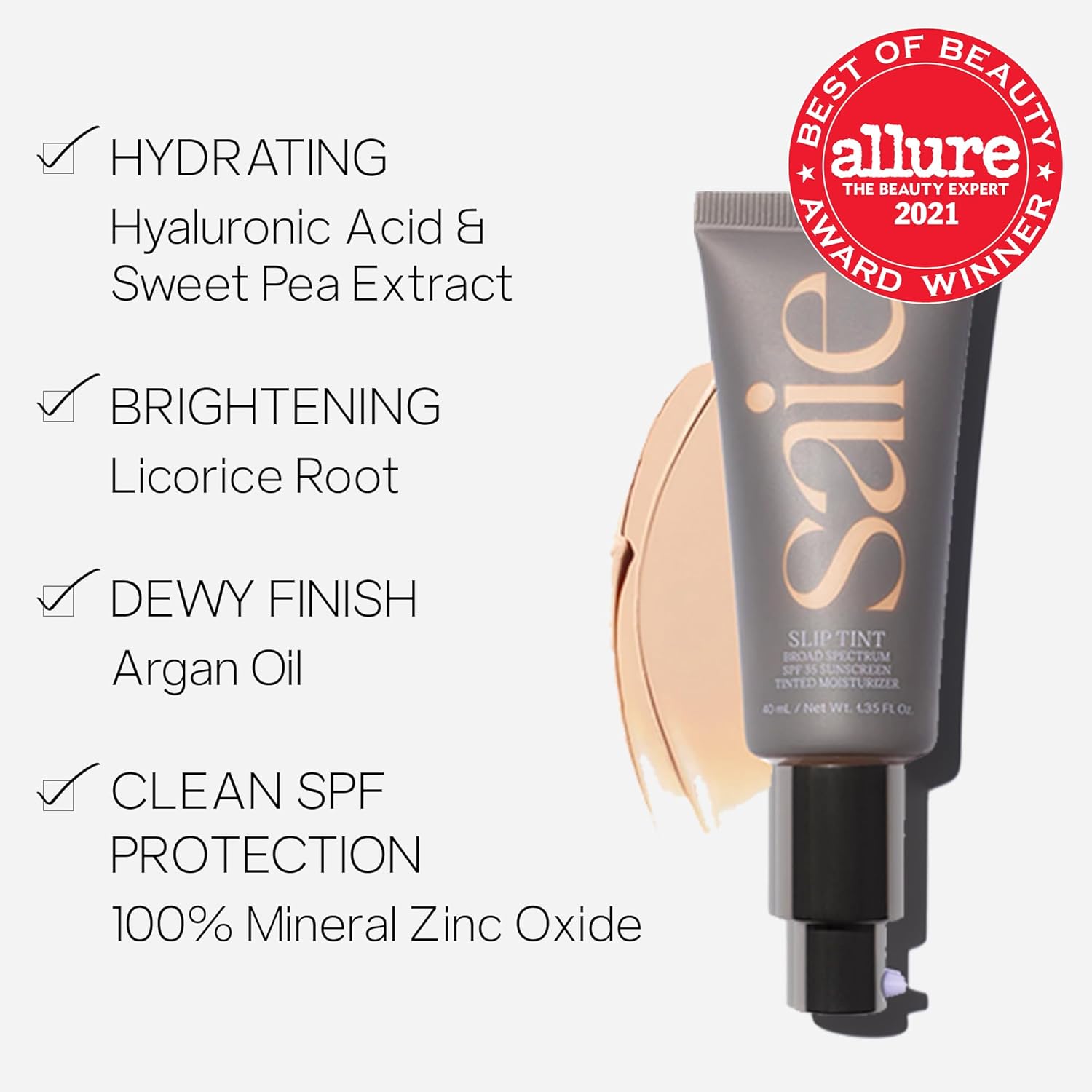 Saie Slip Tint Tinted Moisturizer with SPF 35 - Light Coverage, Glowy Skin Tint & Mineral Sunscreen for Face with Hydrating Hyaluronic Acid - Summer Makeup Essential - Shade Three + Half (1.35 oz) - Image 2