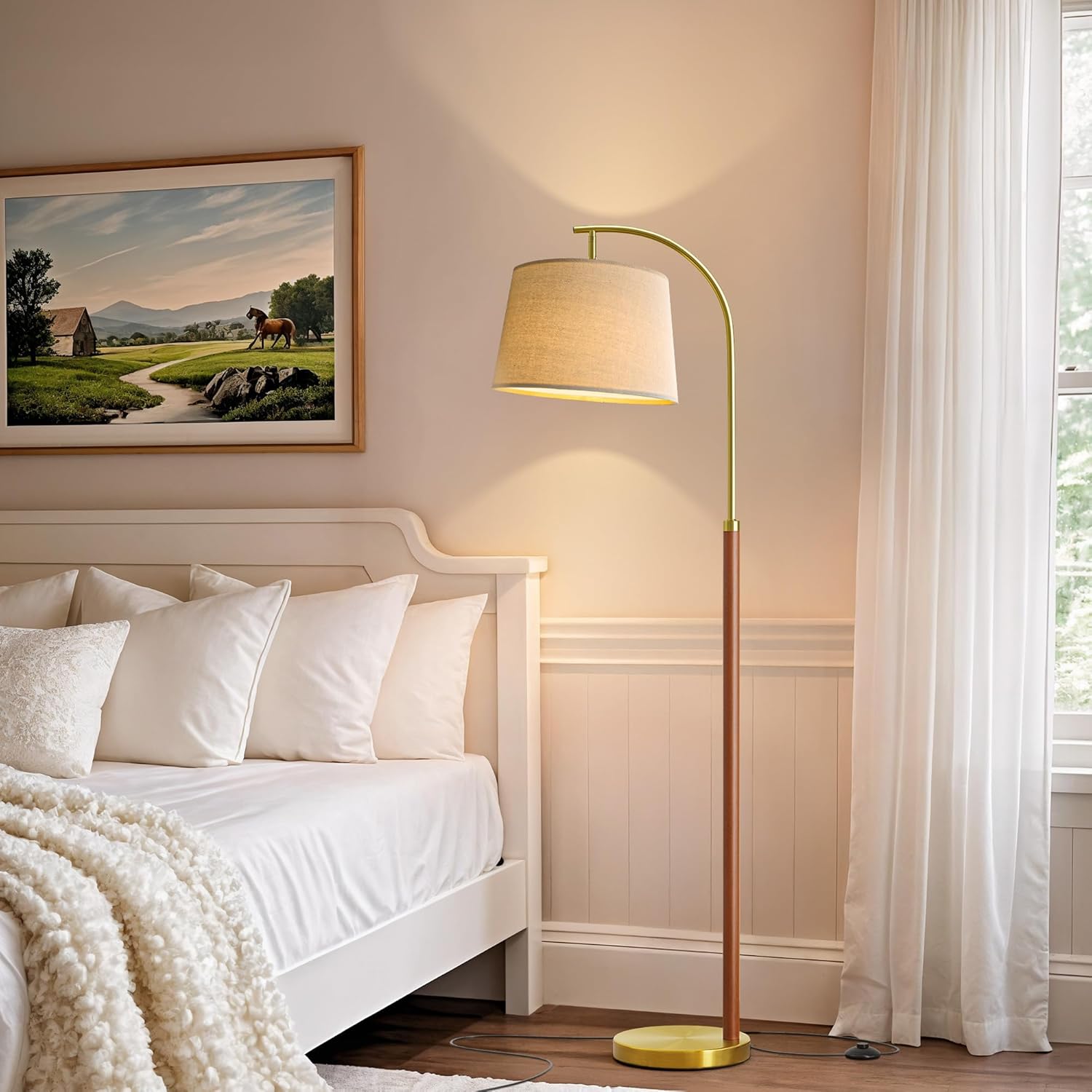 62.5" Wood Floor Lamp for Living Room Gold with Foot Switch Arc Standing Tall Lamps for Bedroom Mid Century Modern Corner Floor Lamps for Office Nursery Industrial Reading Light Room Lamp - Image 7