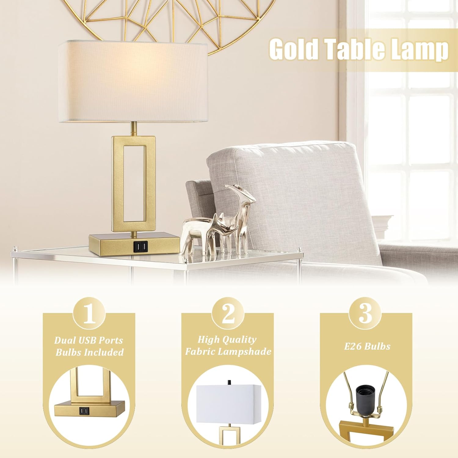Gold Table Lamps Set of 2 with Dual USB Ports,3-Way Dimmable Touch Control Bedside Lamps,Modern Bedroom Table Lamp for Living Room,Nightstand LED Bulbs Included - Image 5