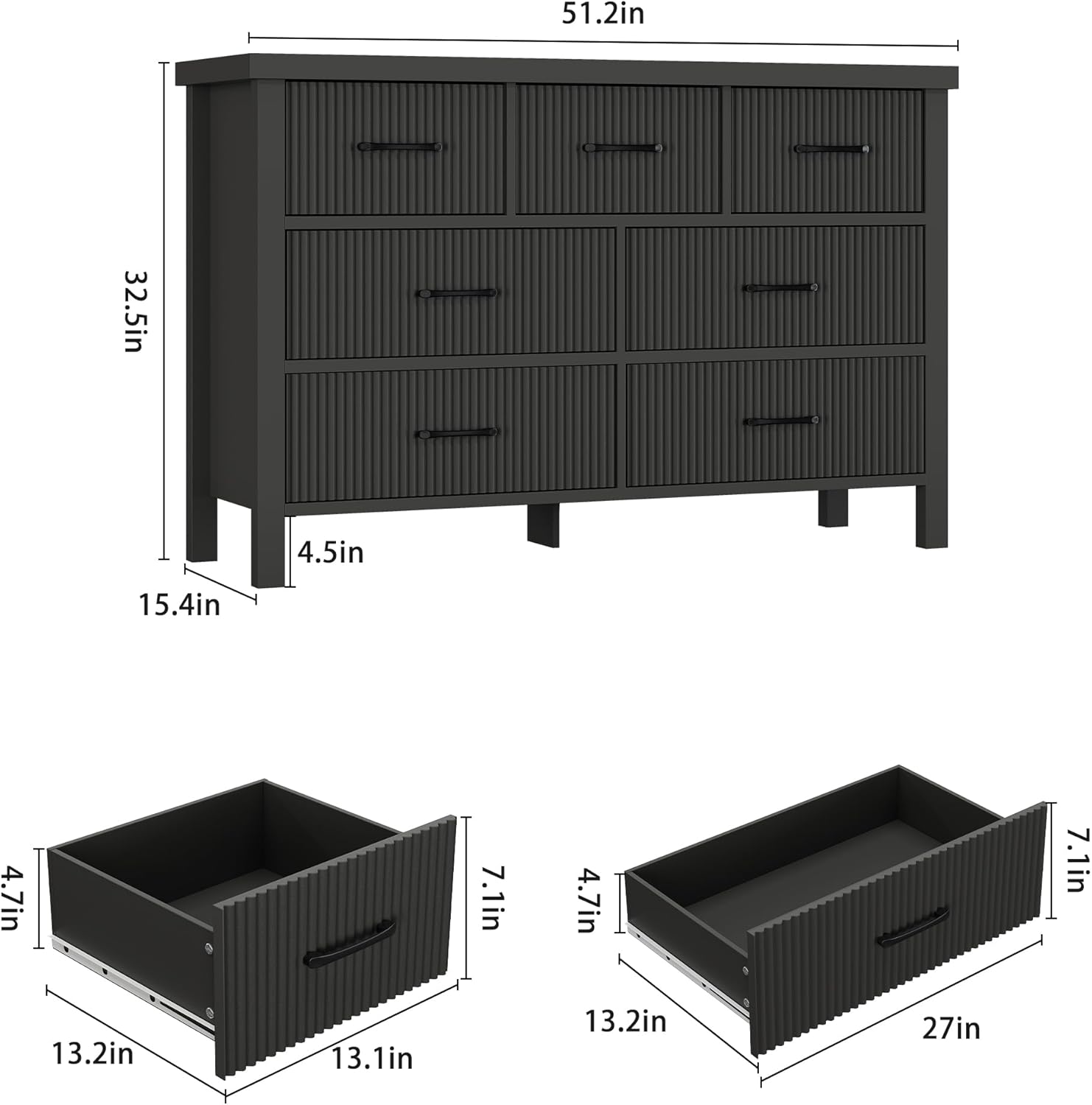 Fluted 7 Drawers Dresser for Bedroom, Modern Chest of Drawers with Metal Handle, Wood Dresser TV Stand, Wooden Closet Clothes Storage Organizer for Living Room, Hallway (Black) - Image 2