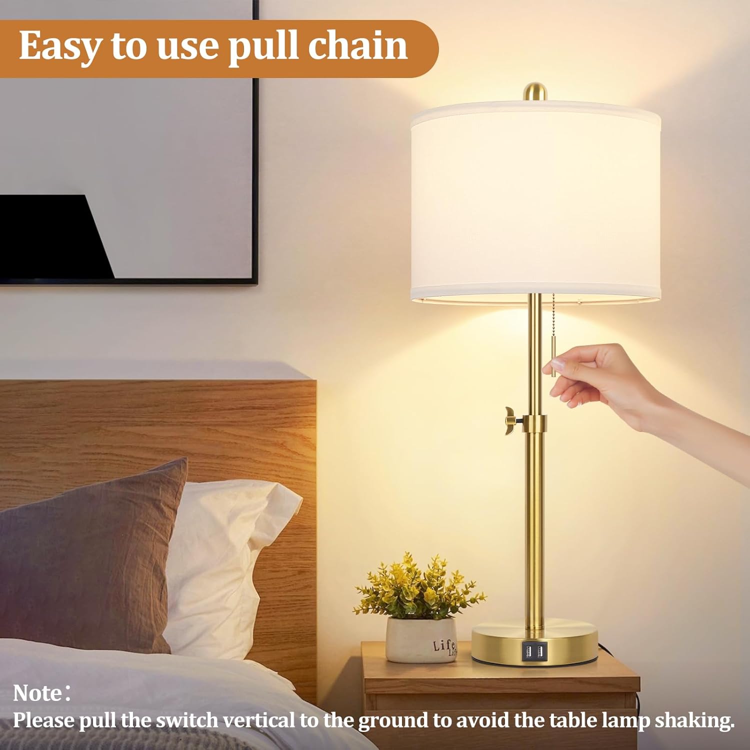 Table Lamp Set of 2, Bedside Lamp with 2 USB Ports, Gold Tall Table Lamp for Living Room End Tables, 23" to 30" Height Adjustable Lamp for Bedroom, Farmhouse Table Lamps with Pull Chain, E26 - Image 5