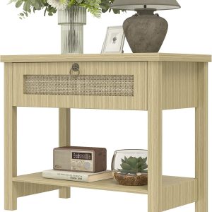 Rattan Large Nightstand with Charging Station, Boho Bedside Table End Table with Drawer and Storage Shelf, Wood End Table Night Stand for Bedroom