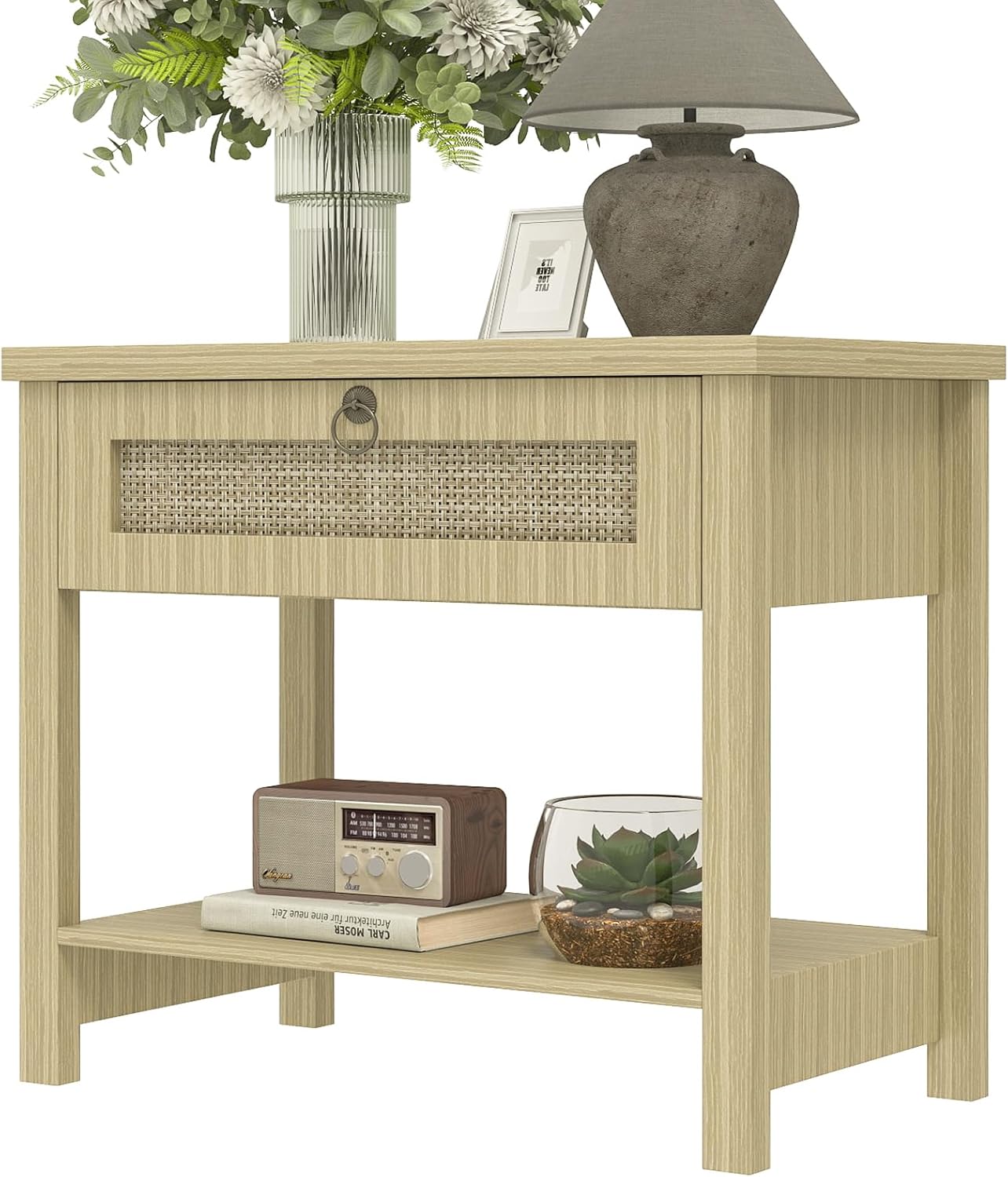 Rattan Large Nightstand with Charging Station, Boho Bedside Table End Table with Drawer and Storage Shelf, Wood End Table Night Stand for Bedroom