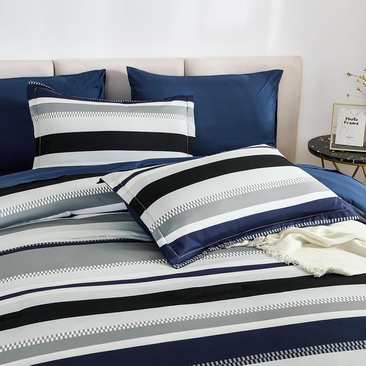 WONGS BEDDING Queen Comforter Set, 7 Pieces Blue Comforter Set Queen, Soft Striped Bed in a Bag Bedding Set with Comforter, Flat Sheet, Fitted Sheet, Pillow Shams, Pillowcase - Image 4
