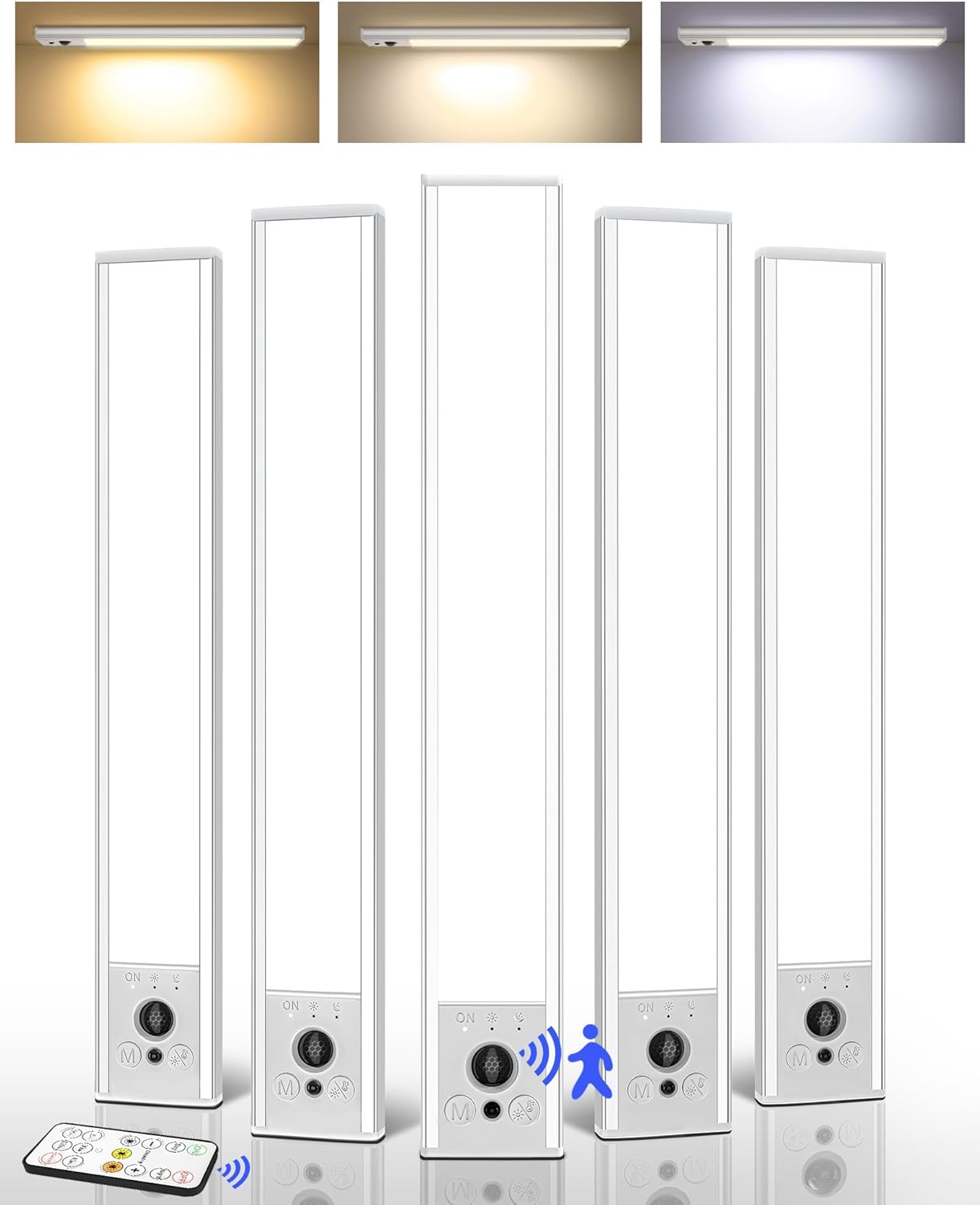 EZVALO 5 Pack Under Cabinet Lighting, 3200mAh Rechargeable Motion Sensor Light, 12inch Magnetic Closet Lights with Dimmable & 3 Color Temps, Wireless Motion Activated Lights with Remote for Kitchen