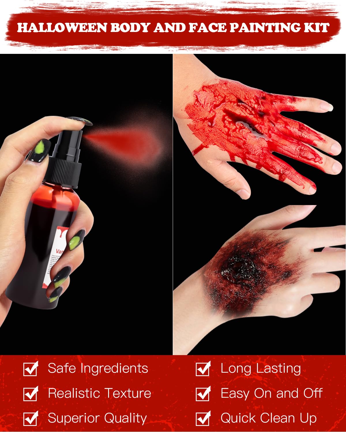 Halloween Fake Blood Makeup Kit 5.44oz, Realistic Fresh Red Faux Blood Spray Washable for Cosplay Party Zombie Vampire Monster - Image 4
