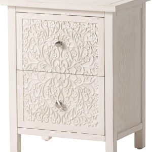COZAYH 2-Drawer Carved Wood Nightstand, White w/ Distressed Finish – Bedside Table w/ Floral Patterns & Antique Bronze Knobs – Pre-Assembled Farmhouse Bedroom Furniture for Small Spaces
