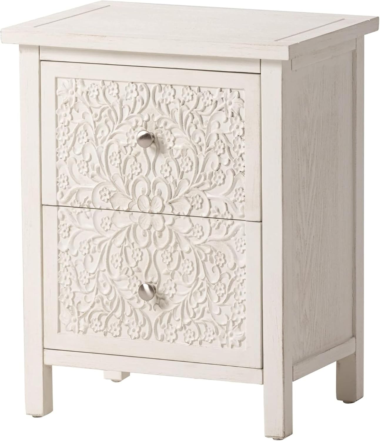 COZAYH 2-Drawer Carved Wood Nightstand, White w/ Distressed Finish – Bedside Table w/ Floral Patterns & Antique Bronze Knobs – Pre-Assembled Farmhouse Bedroom Furniture for Small Spaces