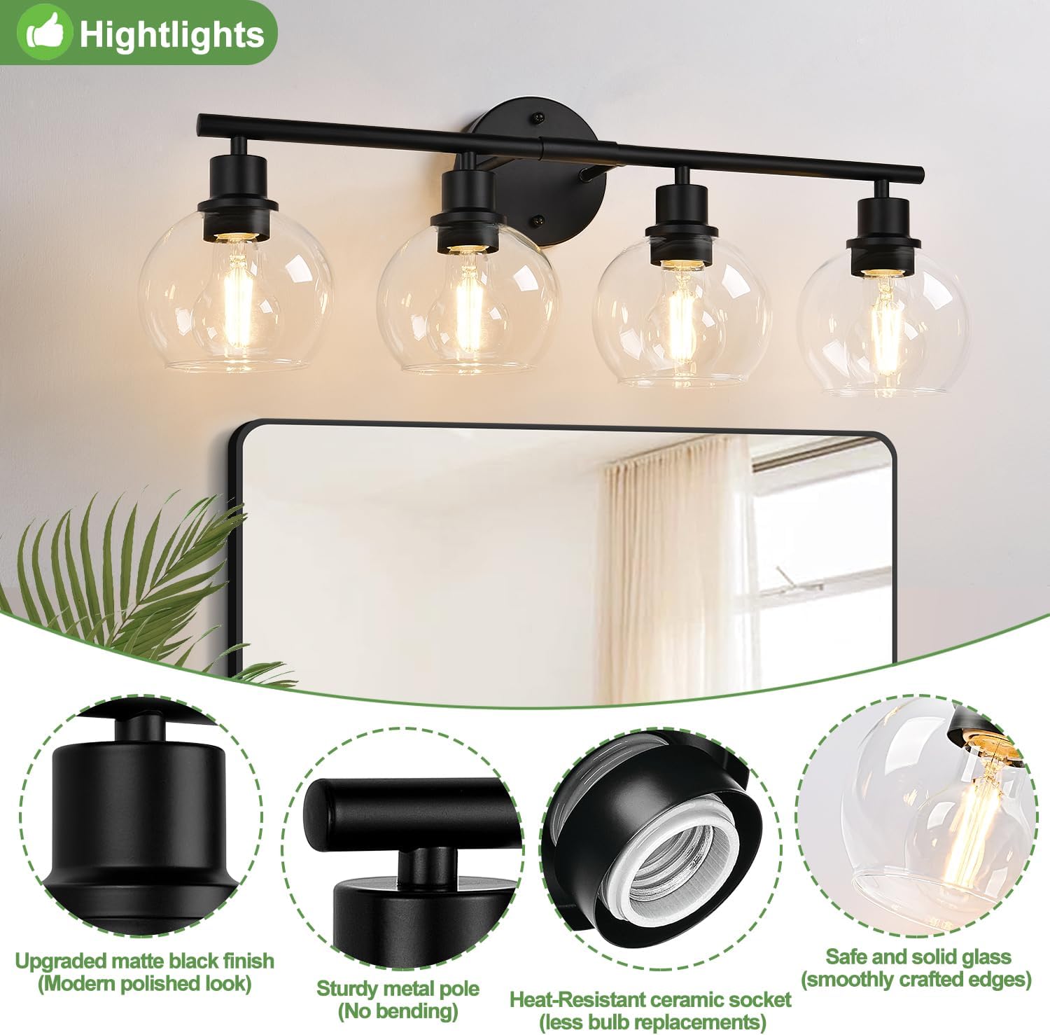 2025 Upgrade 4-Light Bathroom Light Fixtures, Black Bathroom Lights Over Mirror with Clear Glass Globe Shade, Vanity Lights for Bathroom Kitchen Living Room Hallway Cabinet Bedroom Porch - Image 6