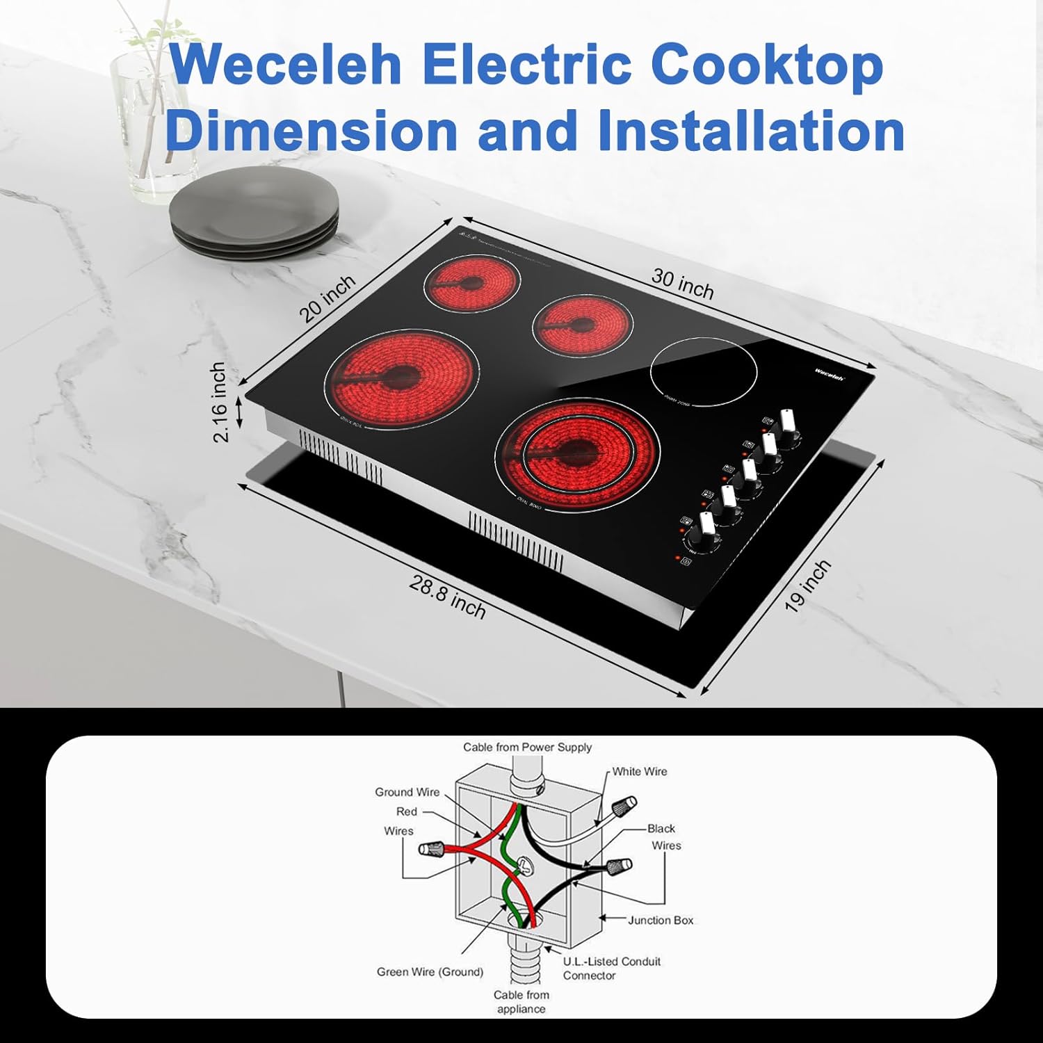 30 Inch Electric Cooktop 7300W Built-in Electric Stove Top 5 Burners 11 Power Levels,Knob Control,Keep Warm Function,Child Safety Lock,Hot Surface Indicator - Image 3