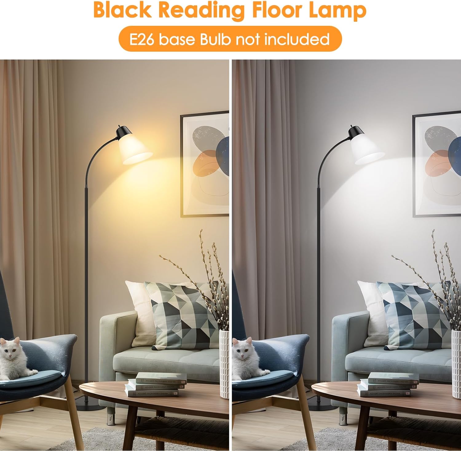 Floor Lamp for Living Room, Adjustable Gooseneck Standing Lamp with White Plastic Shade, Black Reading Floor Lamps for Dorm, Bulb not Included - Image 2