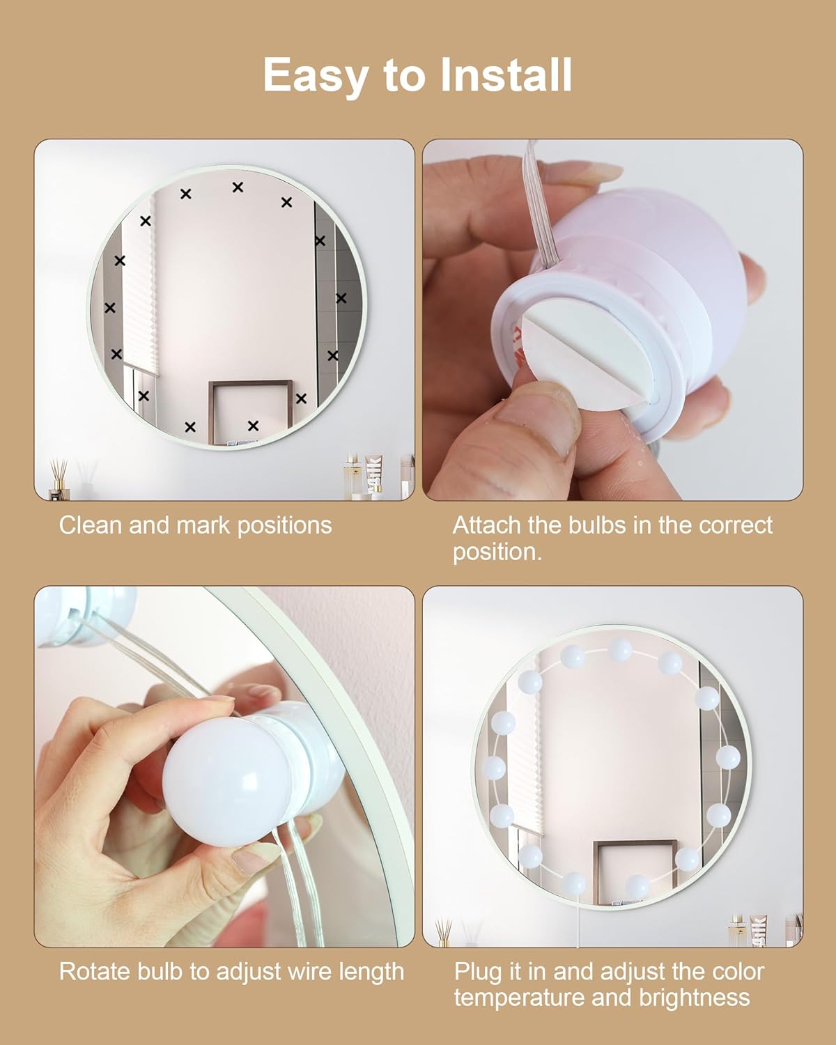 14 Bulbs LED Vanity Lights for Mirror, 3000K 4000K 6500K & 10-Brightness, Wire Length Adjustable, USB Cable, Hollywood Mirror Lights for Makeup Dressing Room Bathroom, White - Image 8