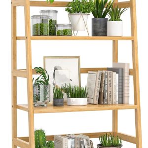 Homykic Bamboo Bookshelf 4-Tier Ladder Shelf, 49.2” Freestanding Open Bookcase Book Shelf Bathroom Storage Shelf Unit Plant Stand for Small Space, Bedroom, Living Room, Home Office, Natural