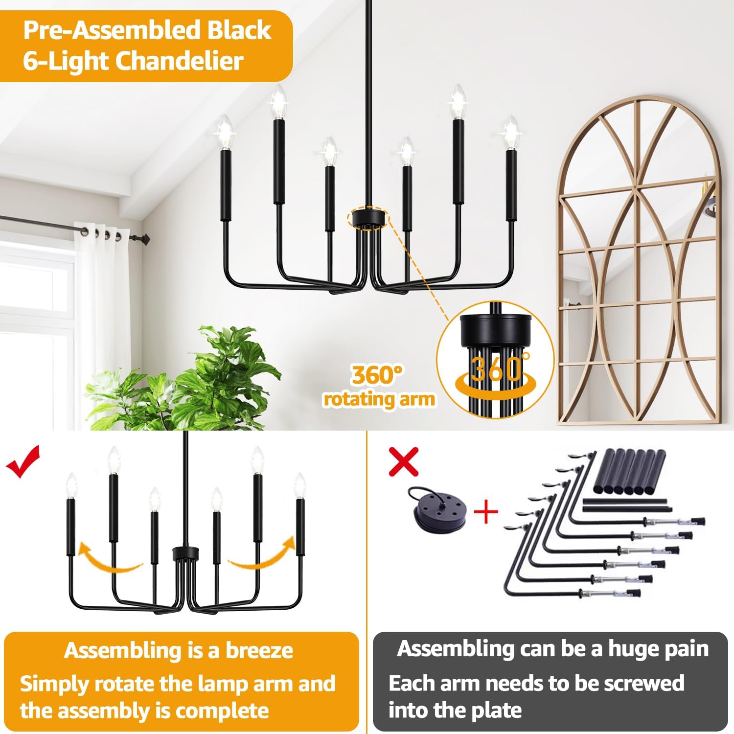 Black Chandelier, 6-Light Farmhouse Chandelier for Dining Room Lighting Fixtures Hanging, Dining Light Fixtures Industrial Modern Chandelier for Bedroom, Foyer, Hall, Kitchen, Living Room and Entryway - Image 3