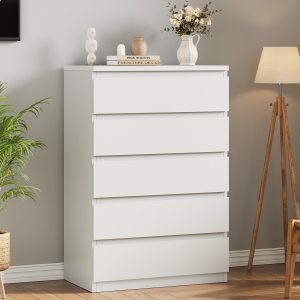 Modern White 5 Drawer Dresser for Bedroom, 15" D x 23.7" W x 40.4" H in Simply Chest of Drawers, Wood Storage Dresser with Deep Drawers for Living Room Hallway Entryway, White