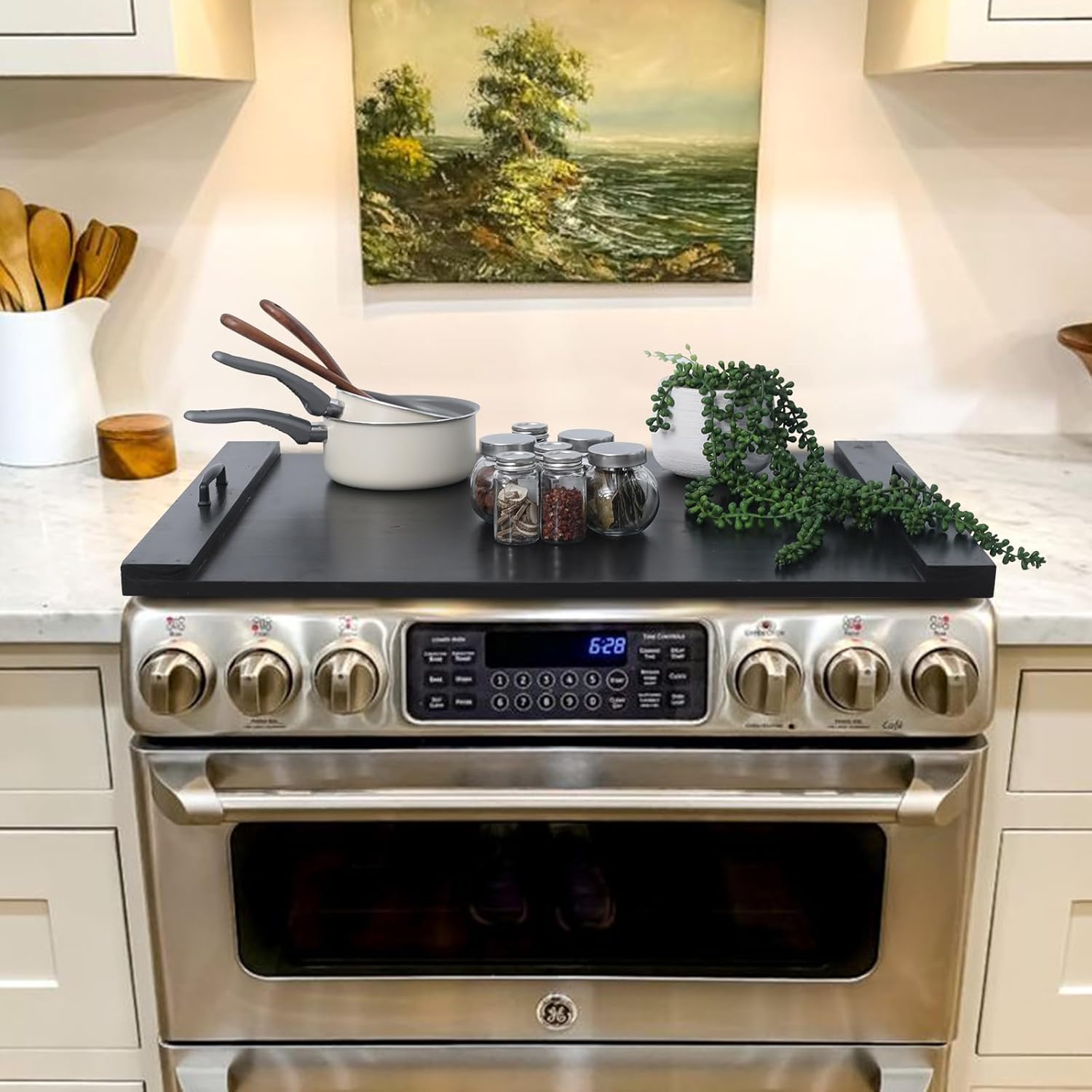 SwallowLiving Wood Noodle Board Stove Cover with Handles, Wooden Stovetop Cover Board for Gas Stove and Electric Stove Top,Kitchen Sink Cover for Counter Space, Cutting Board, Black