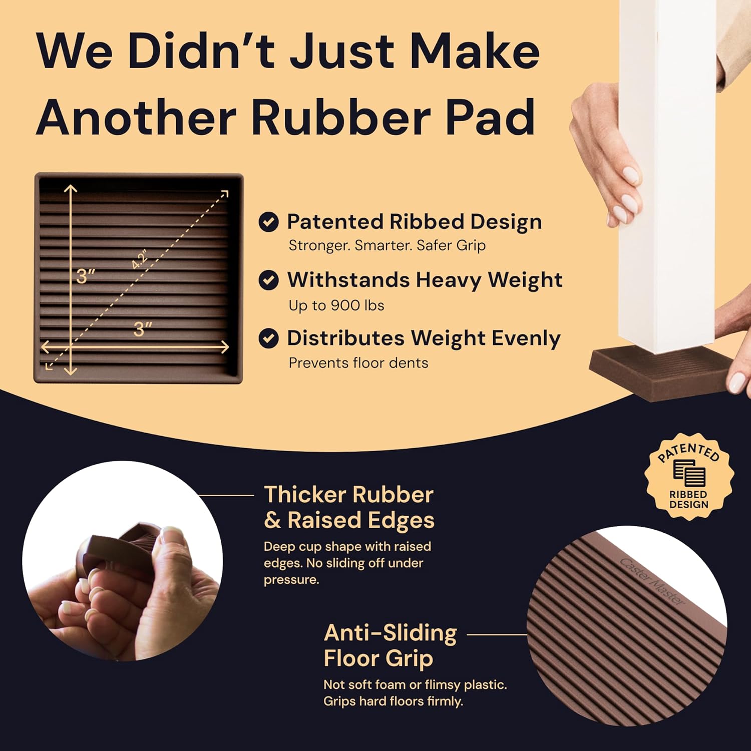 CasterMaster Non-Slip Rubber Furniture Pads - 3 in x 3 in Set of 4 Brown - Floor Protectors for Hardwood Floors & Chairs - Grippers & Rubber Feet for Furniture - Image 2