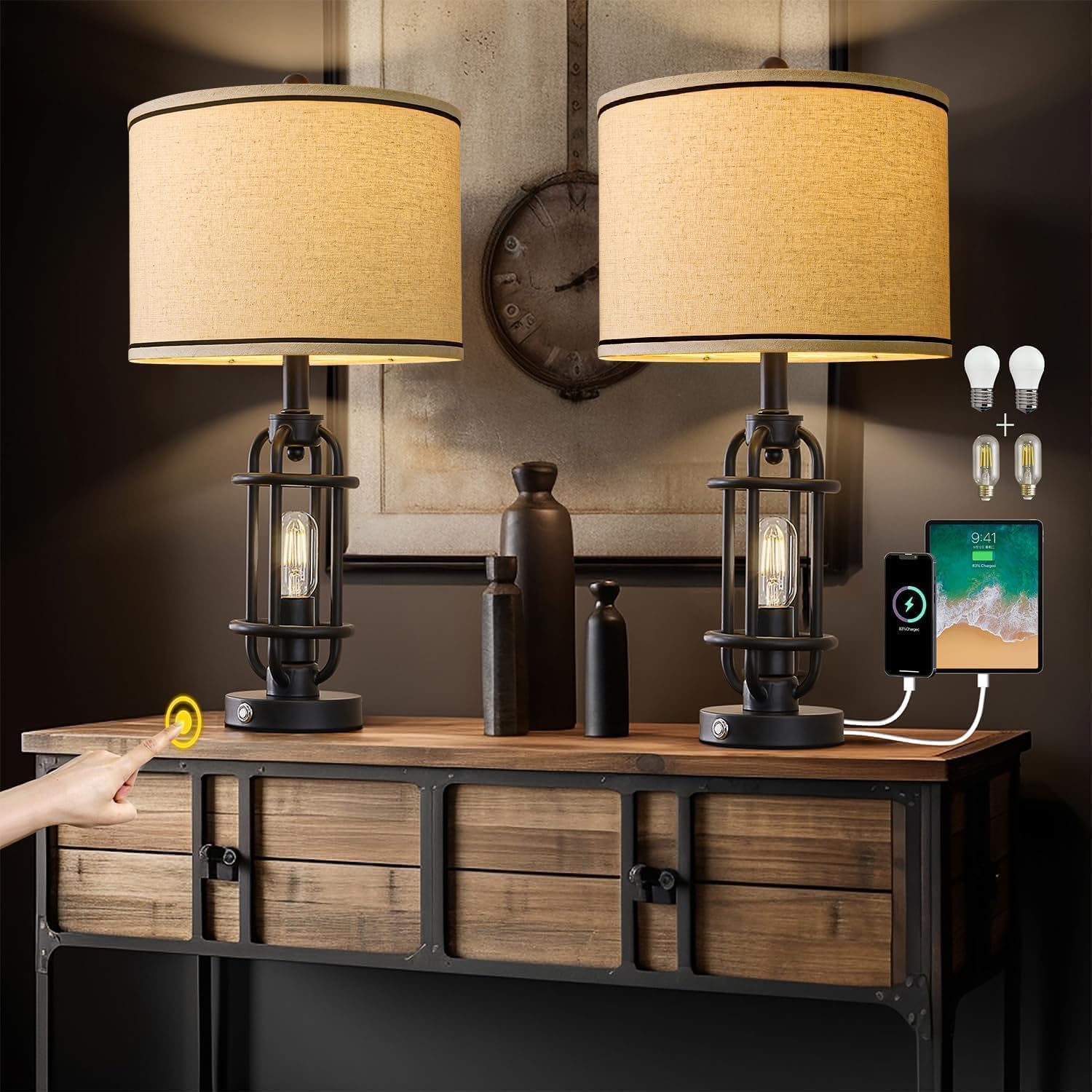 23.75” Industrial Black Metal Table Lamps Living Room Lamp for Nightstand Bedroom lamps Set of 2 Bedside End Side Table Lamps Home Decor Touch Lamp Modern Lamps With USB Port, Bulbs Included