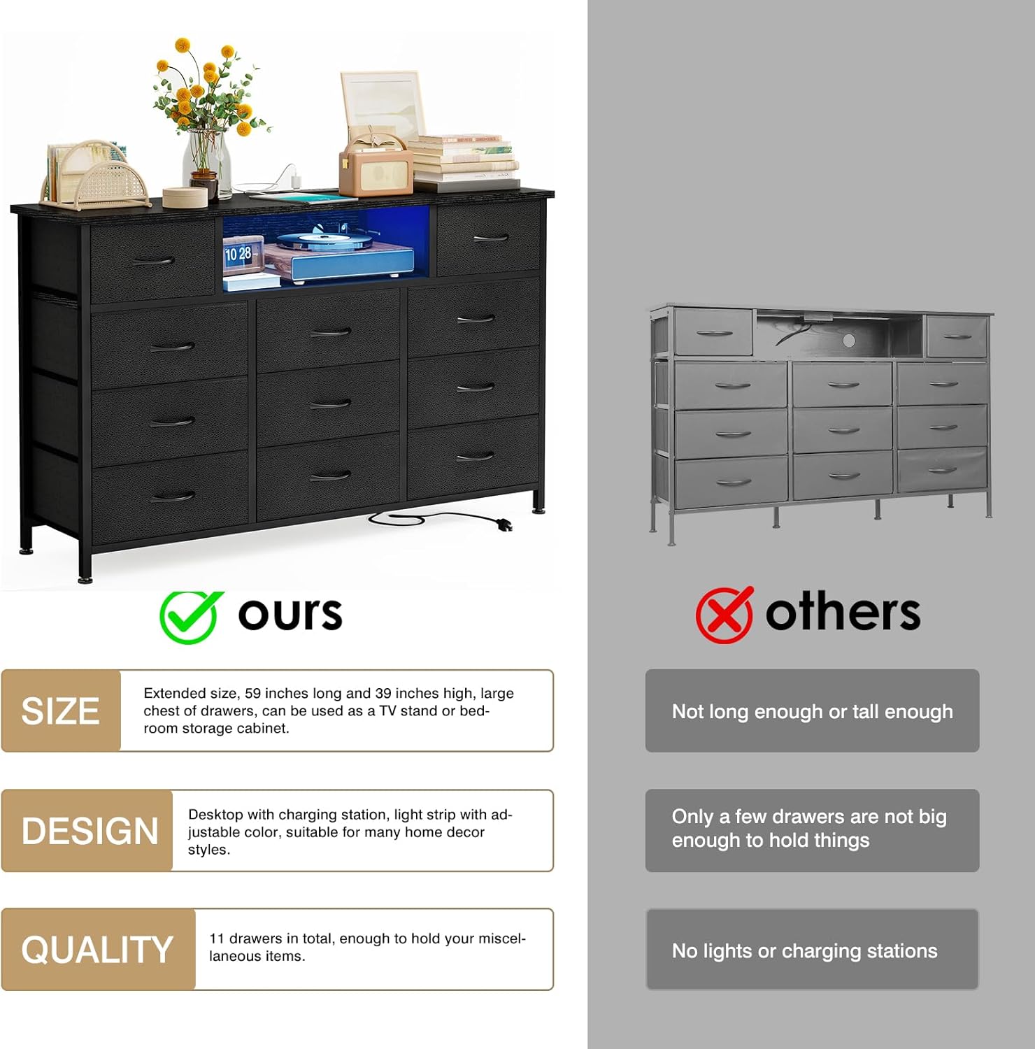 YGEOMER 59in Long Black Dresser for Bedroom TV Stand with Charging Station and LED Lights, Black Dresser with 11 Drawers, Fabric Chest of Drawers with PU Finish for Bedroom, Entryway - Image 4