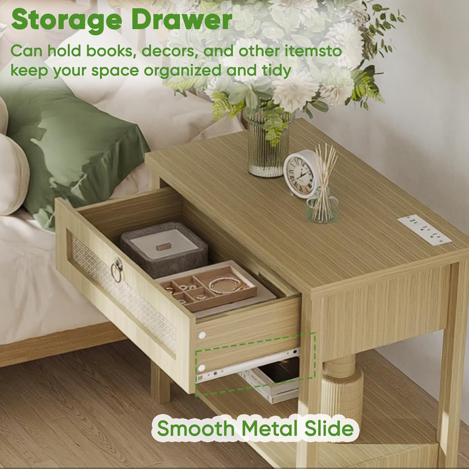 Rattan Large Nightstand with Charging Station, Boho Bedside Table End Table with Drawer and Storage Shelf, Wood End Table Night Stand for Bedroom - Image 5