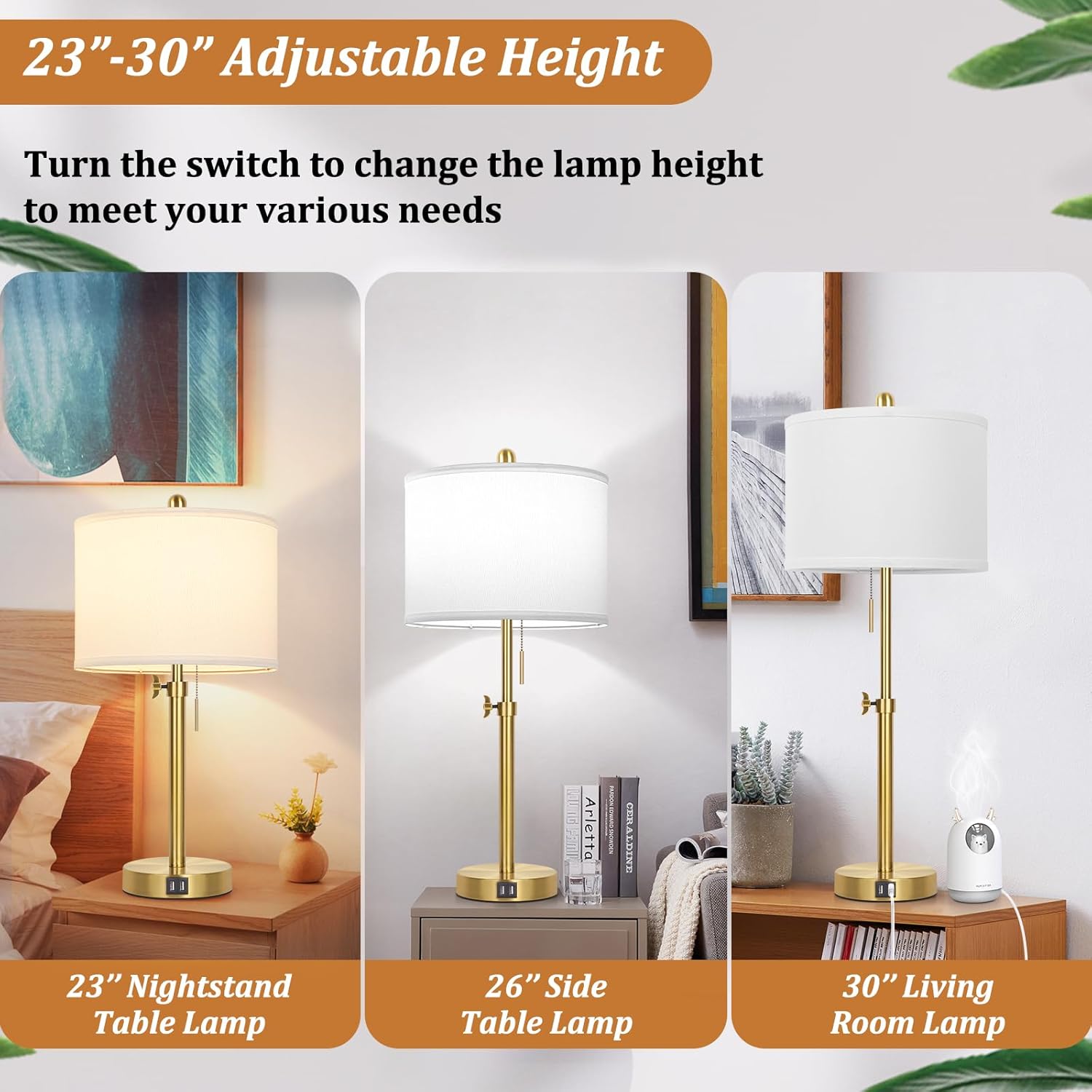 Table Lamp Set of 2, Bedside Lamp with 2 USB Ports, Gold Tall Table Lamp for Living Room End Tables, 23" to 30" Height Adjustable Lamp for Bedroom, Farmhouse Table Lamps with Pull Chain, E26 - Image 4