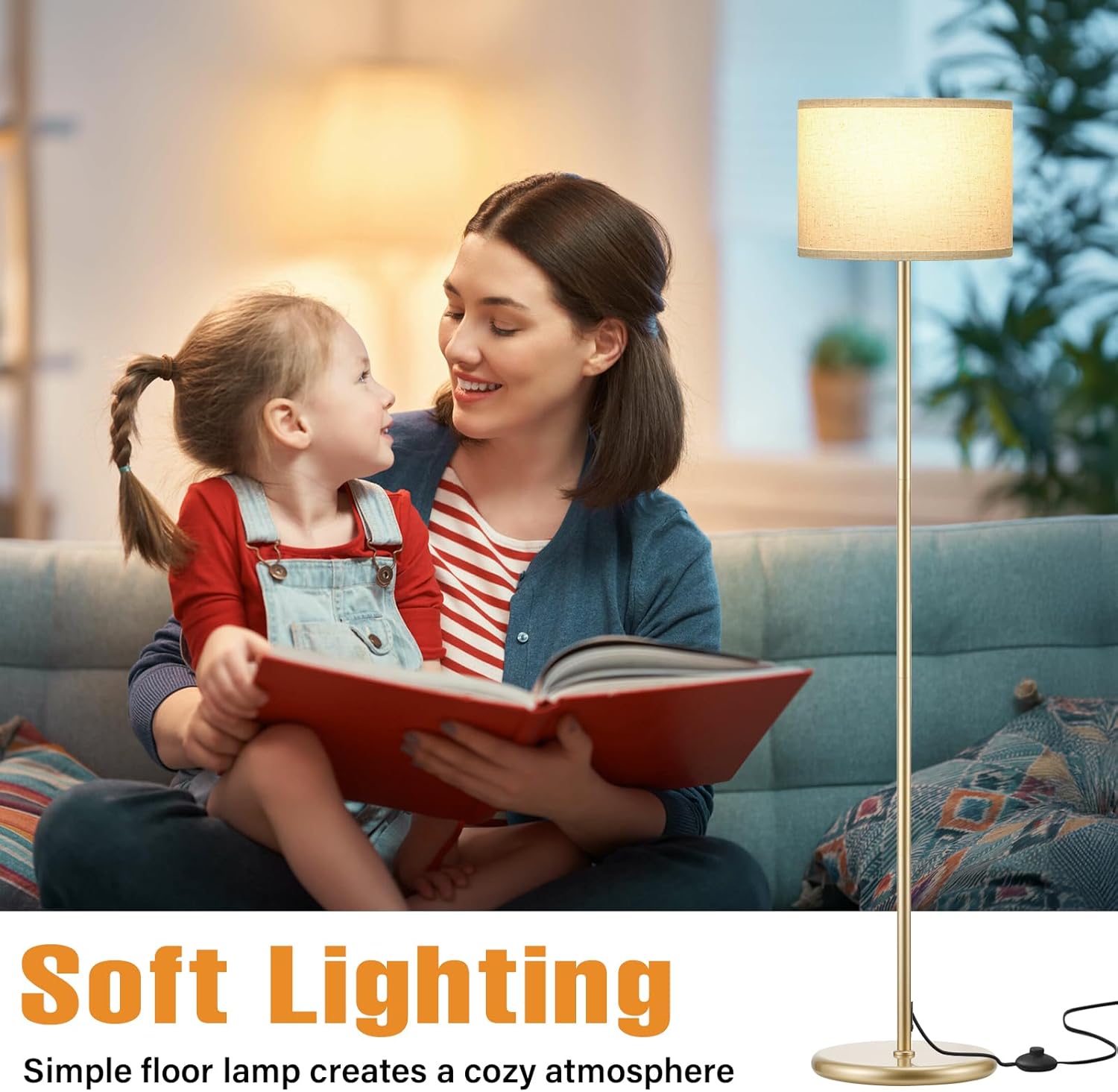 Ambimall 60'' Modern Floor Lamp with Shade, Tall Lamps for Living Room, Bedroom, Office, Dining Room, Beige Shade with Gold Pole(Without Bulb) - Image 4