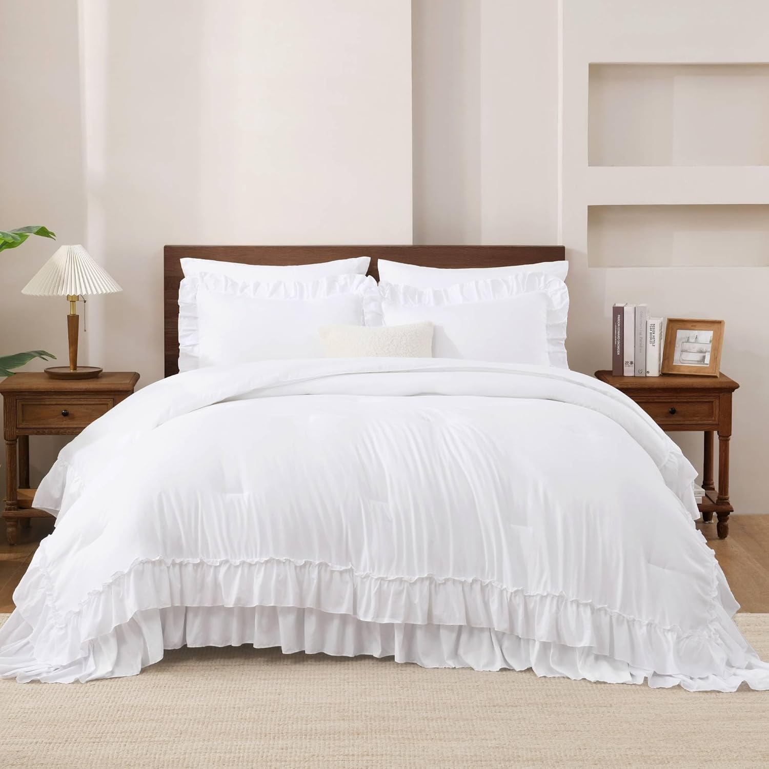 Andency White Ruffle Comforter Full Set, 3pcs Vintage Farmhouse Shabby Chic Bedding Comforter Set, Soft Lightweight Fluffy Bed Comforter Sets All Season Bedding Set - Image 5