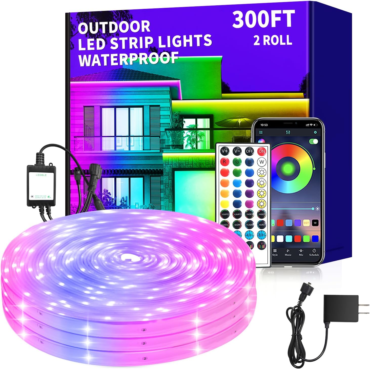300 ft Outdoor LED Strip Lights Waterproof,IP68 Waterproof LED Light Strips with Remote,App Control Music Sync RGB Outdoor LED Rope Lights,LED Lights for Bedroom,Roof,Deck,(2 Rolls of 150ft)