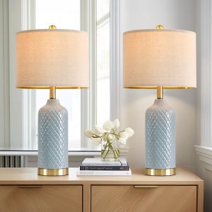 24.25" Modern Ceramic Blue Table Lamps Set of 2 for Living Room, Farmhouse, Bedside, Coastal Bedroom, Side & End Tables