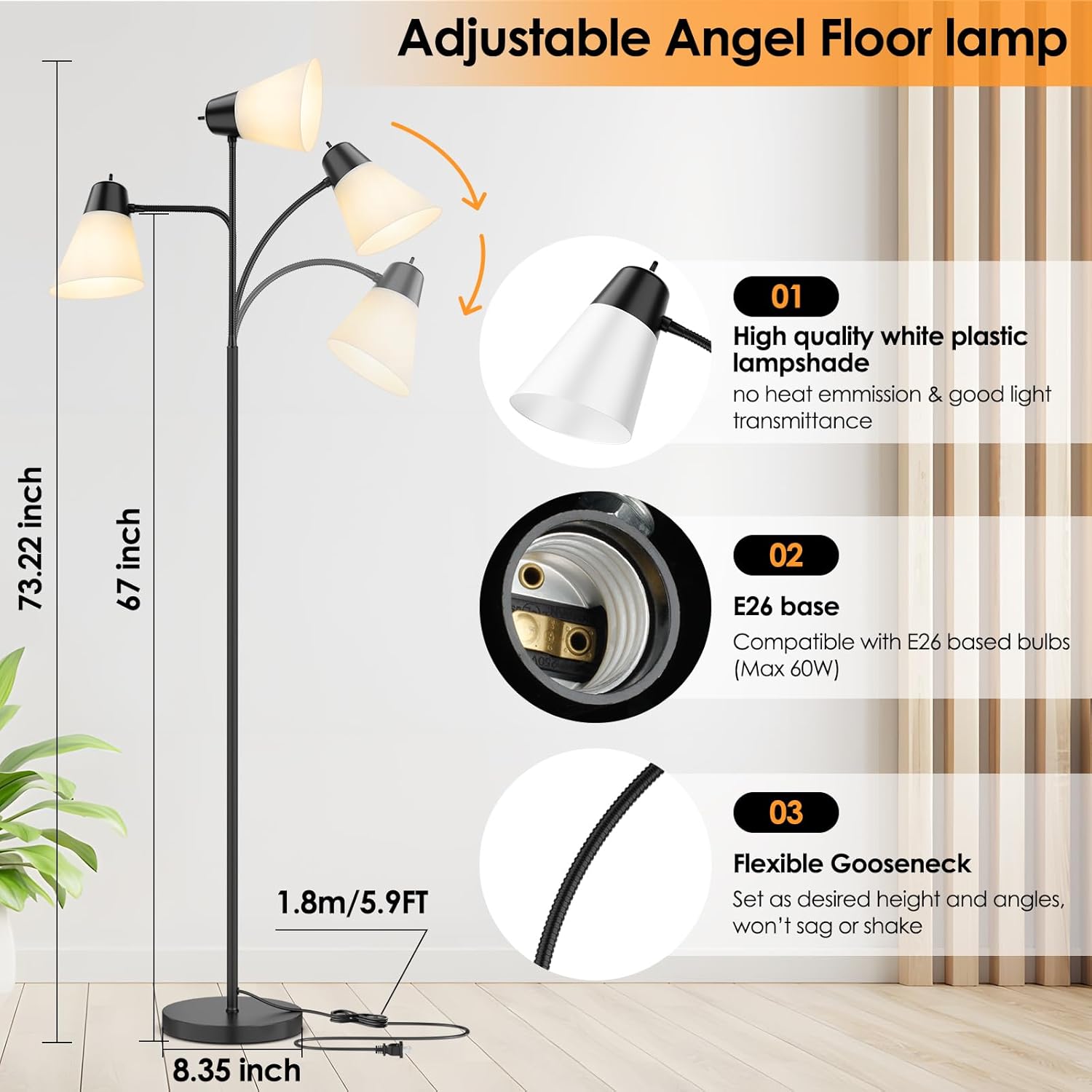 Floor Lamp for Living Room, Adjustable Gooseneck Standing Lamp with White Plastic Shade, Black Reading Floor Lamps for Dorm, Bulb not Included - Image 3