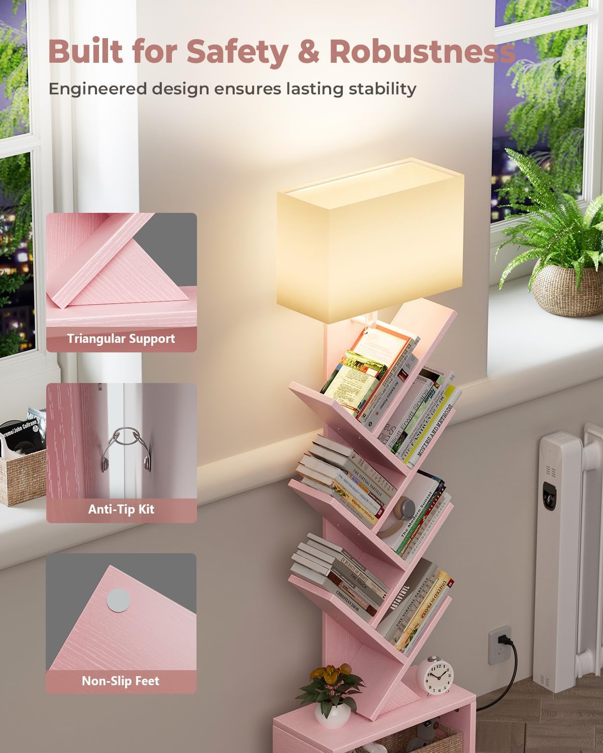 Evermagin 6 Tier Tree Bookshelf with Light, Narrow Bookcase Tower, Tall Floor Standing Book Shelf Organizer with Storage Cabinet for Living Room, Bedroom and Home Office, Pink - Image 6