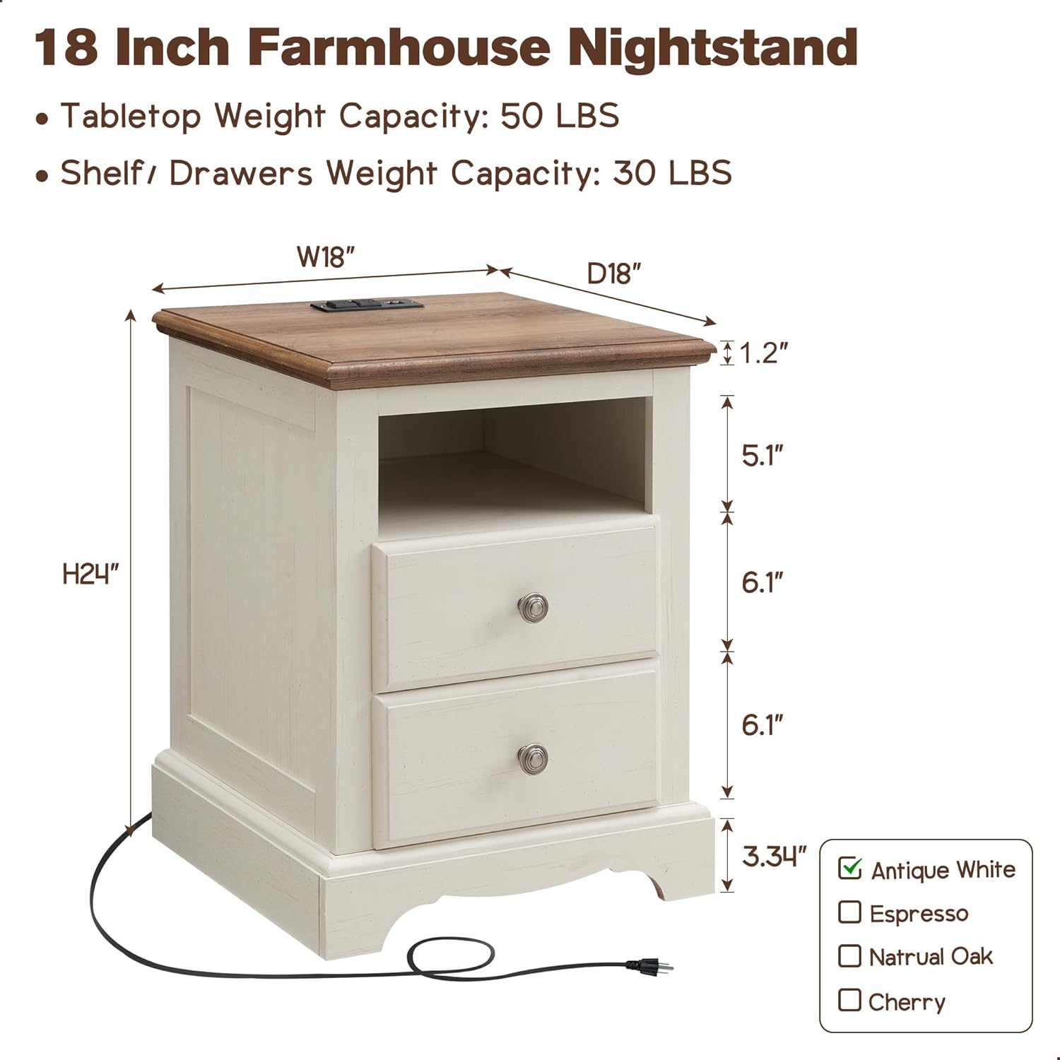 T4TREAM Nightstand with Charging Station, 18 Inch Vintage End Table with 2 Drawers, Wood Rustic Sofa Side Table with Open Storage Shelf for Bedroom, Living Room, Antique White - Image 2