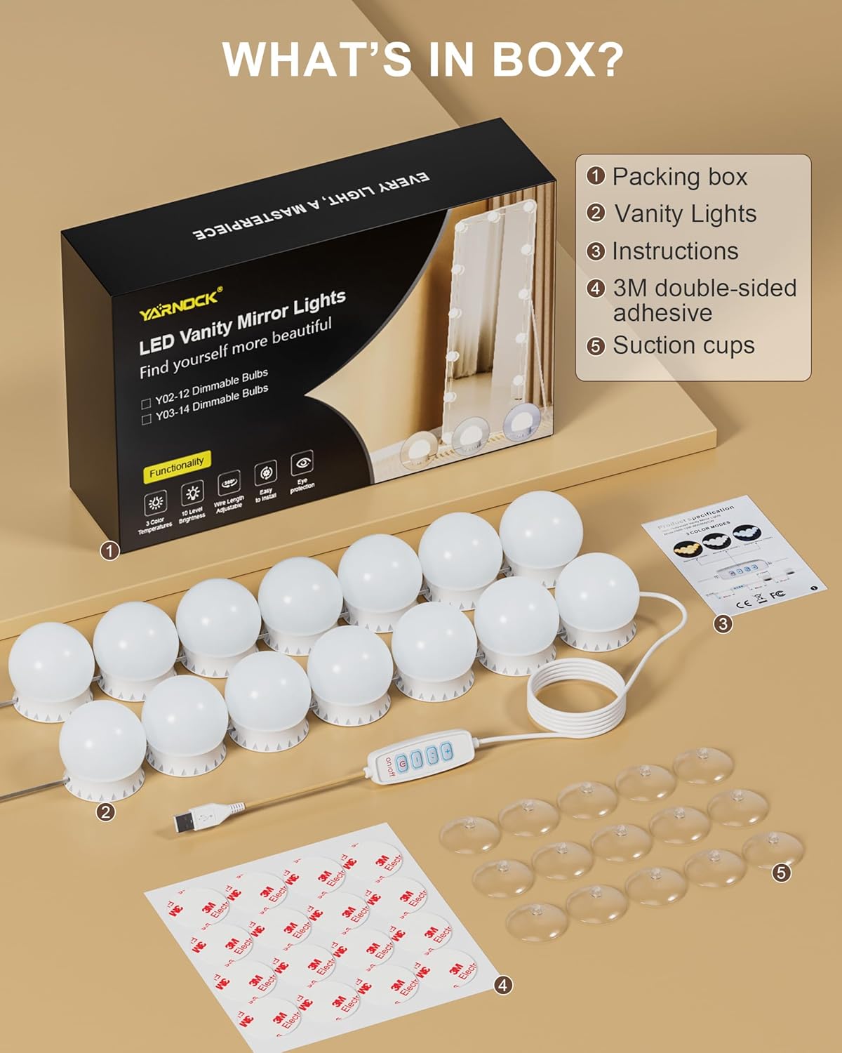 14 Bulbs LED Vanity Lights for Mirror, 3000K 4000K 6500K & 10-Brightness, Wire Length Adjustable, USB Cable, Hollywood Mirror Lights for Makeup Dressing Room Bathroom, White - Image 7