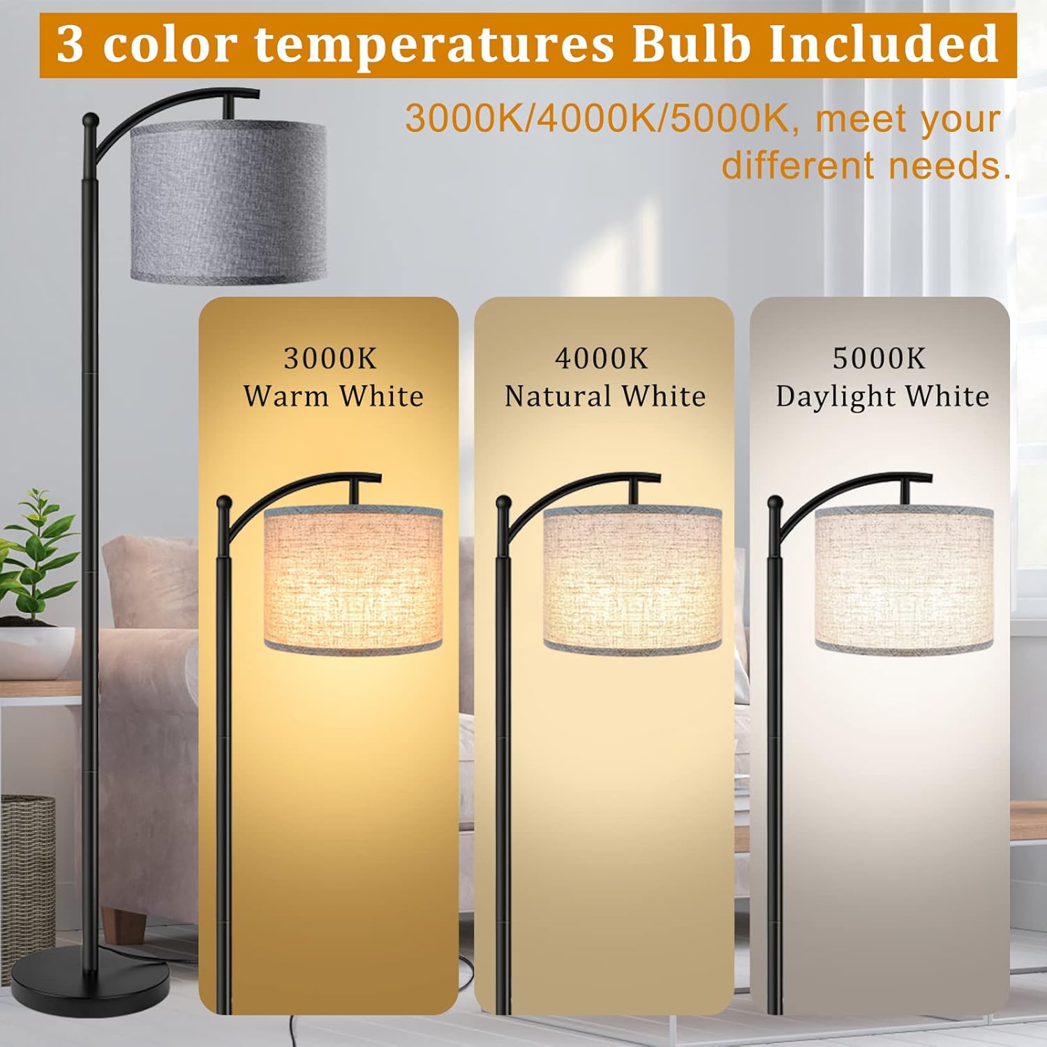 Floor Lamp with 3CCT LED Bulb, Gray Linen Lamp Shade for Living Room, Modern Standing Lamp for Bedrooms - Black - Image 2
