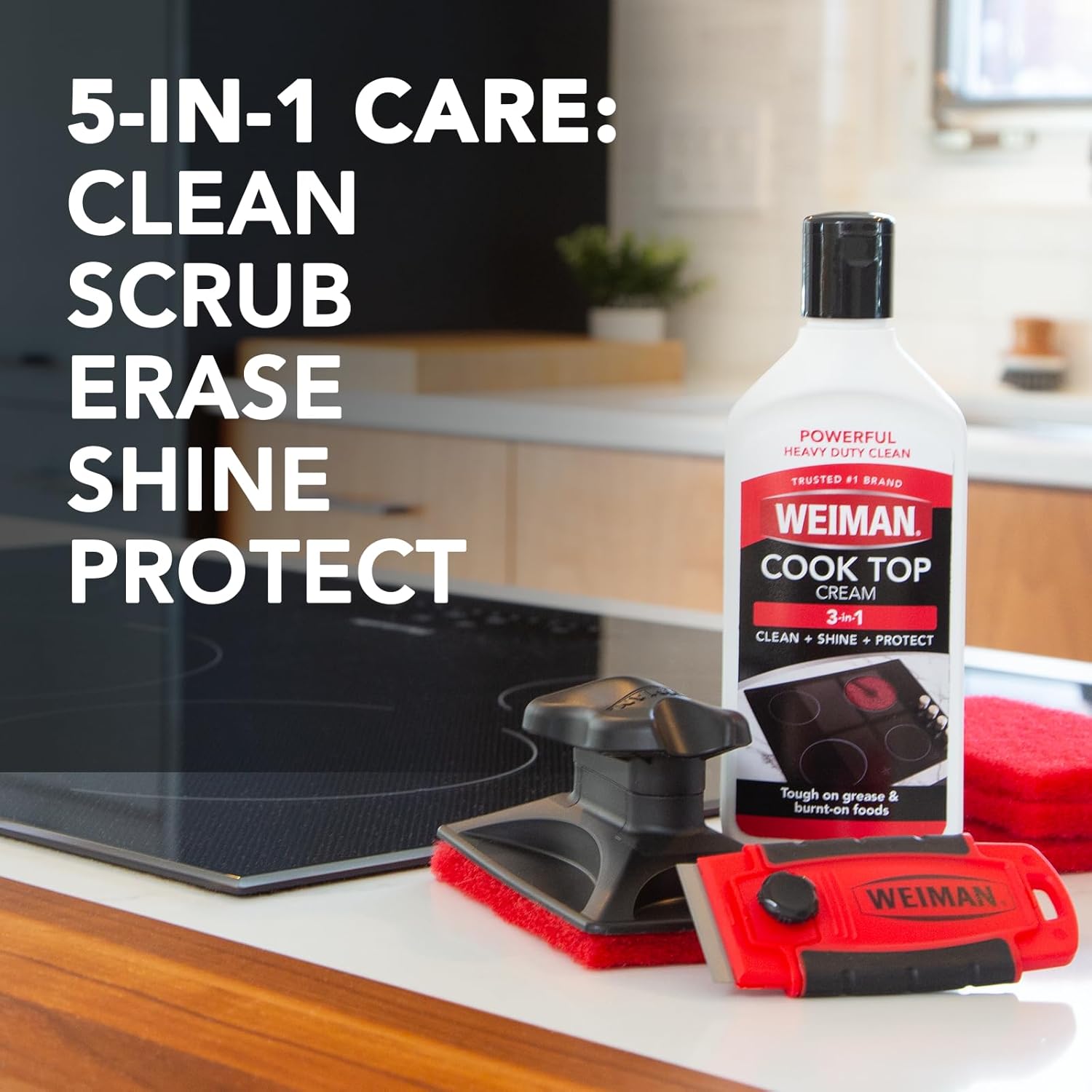 Weiman Glass Cooktop Cleaner Kit - Remove Burned on Food, Grease & Grime and Polish Stovetop, Ceramic & Induction, Streak Free, Cleaning Supplies, 20 Oz, Scrubbing Pad, Razor Scraper - Image 2