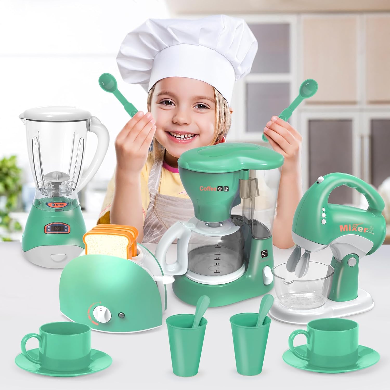 Play Kitchen Toys, Pretend Play Kitchen Appliances Toy Set with Coffee Maker, Mixer, Toaster with Realistic Lights& Sounds, Birthday Gift for Kids Ages 3-5 4-6 6-8 (Green) - Image 2