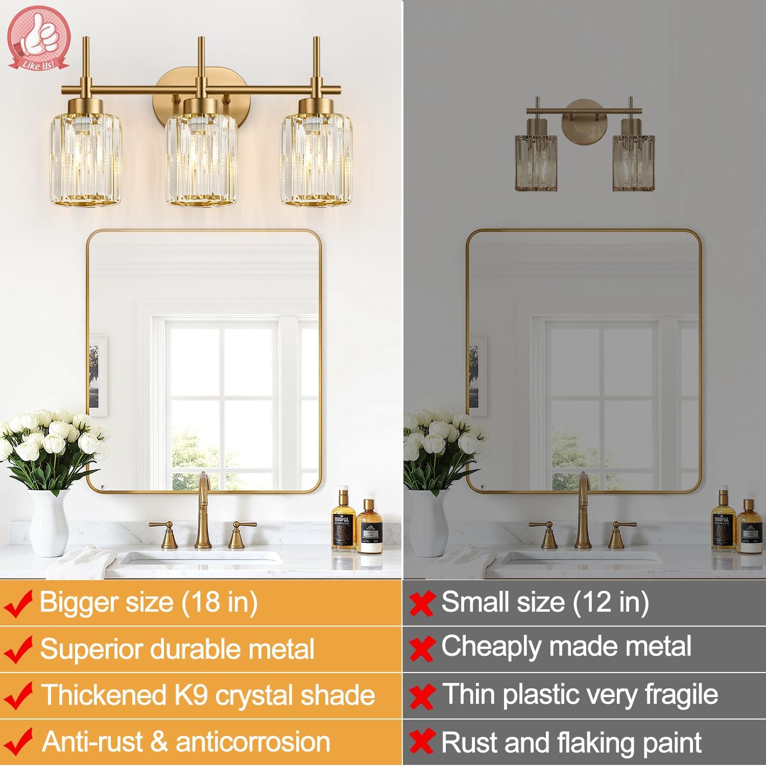 Modern Crystal Bathroom Vanity Light, 3-Light Brushed Gold Bathroom Light Fixtures with Clear Shades, Vanity Lighting Fixtures Over Mirror (Exclude Bulb) - Image 2