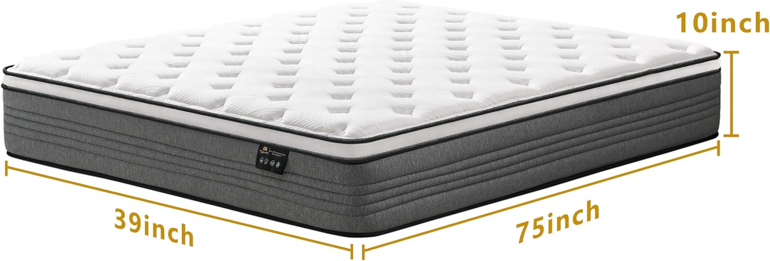 Twin Mattress, 10 Inch Twin Mattresses, 10 Inch Hybrid Pocketed Coil Mattress in a Box with Gel Memory Foam, Medium Firm, CertiPUR-US Certified - Image 2
