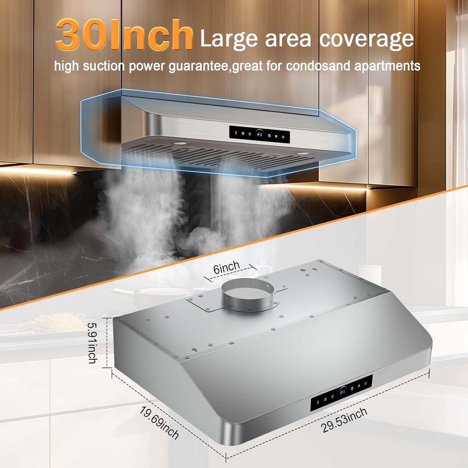 30 Inch Under Cabinet Range Hood 1200CFM, 4-Speed Kitchen Hood with Touch Control & Gesture Sensing Stainless Steel Kitchen Stove Vent Hoods with 2 LED Lights Standard Series - Image 3